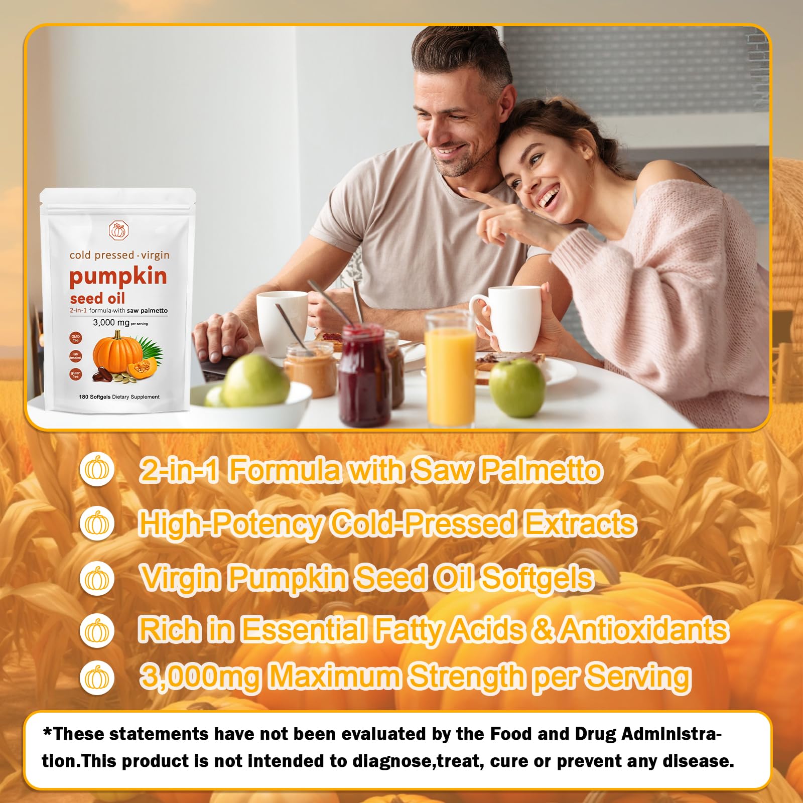 Pumpkin Seed Oil, Pumpkin Seed Oil Capsules with Saw Palmetto | 3000mg Cold Pressed | for Hair Growth - Non-GMO - 180 Softgels — view 7