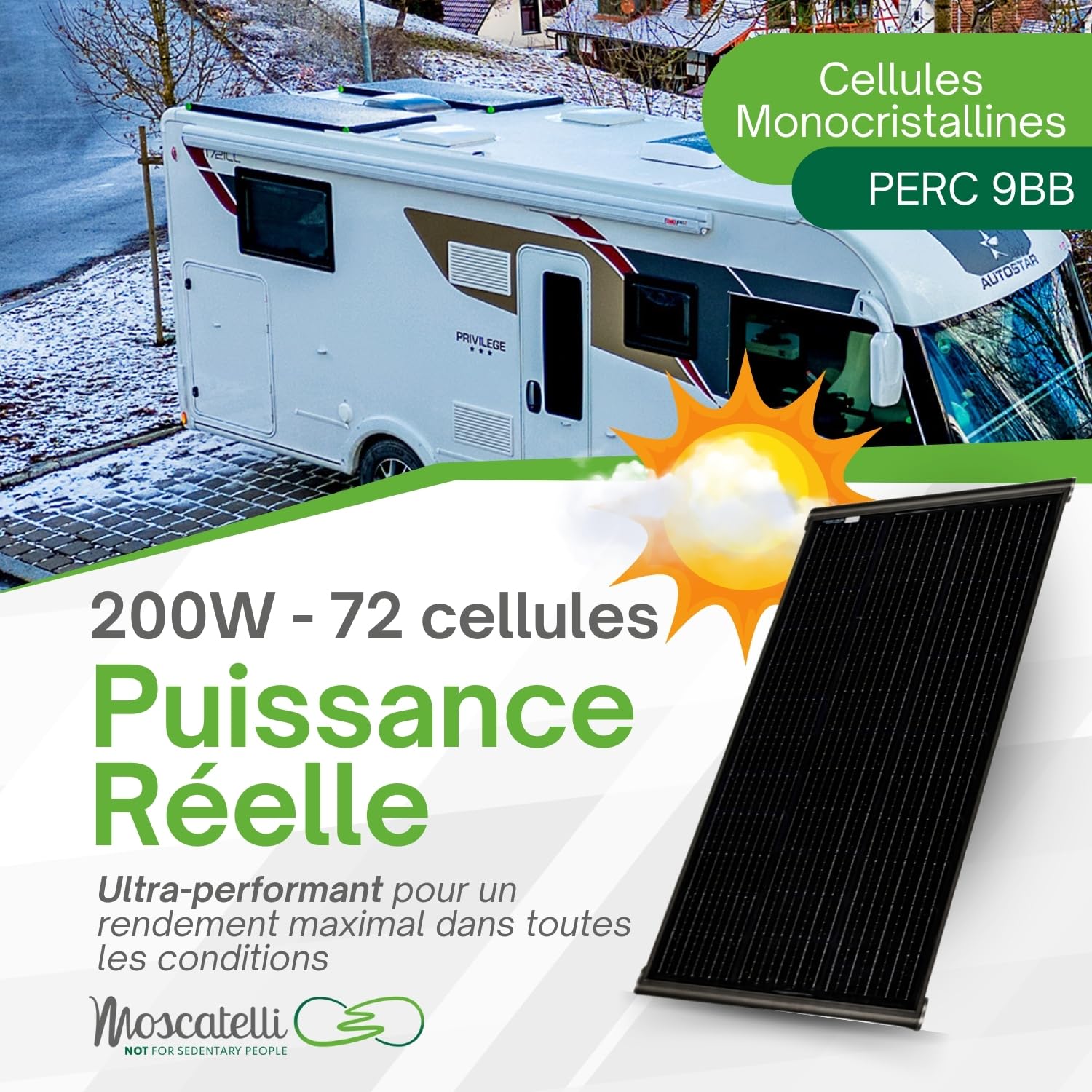 MOSCATELLI Panneau solaire pour camping-car 200W Black Boost monocristallin PERC – Kit panneau solaire camping car avec support en aluminium noir pour fixation au toit – SANS REGULATEUR