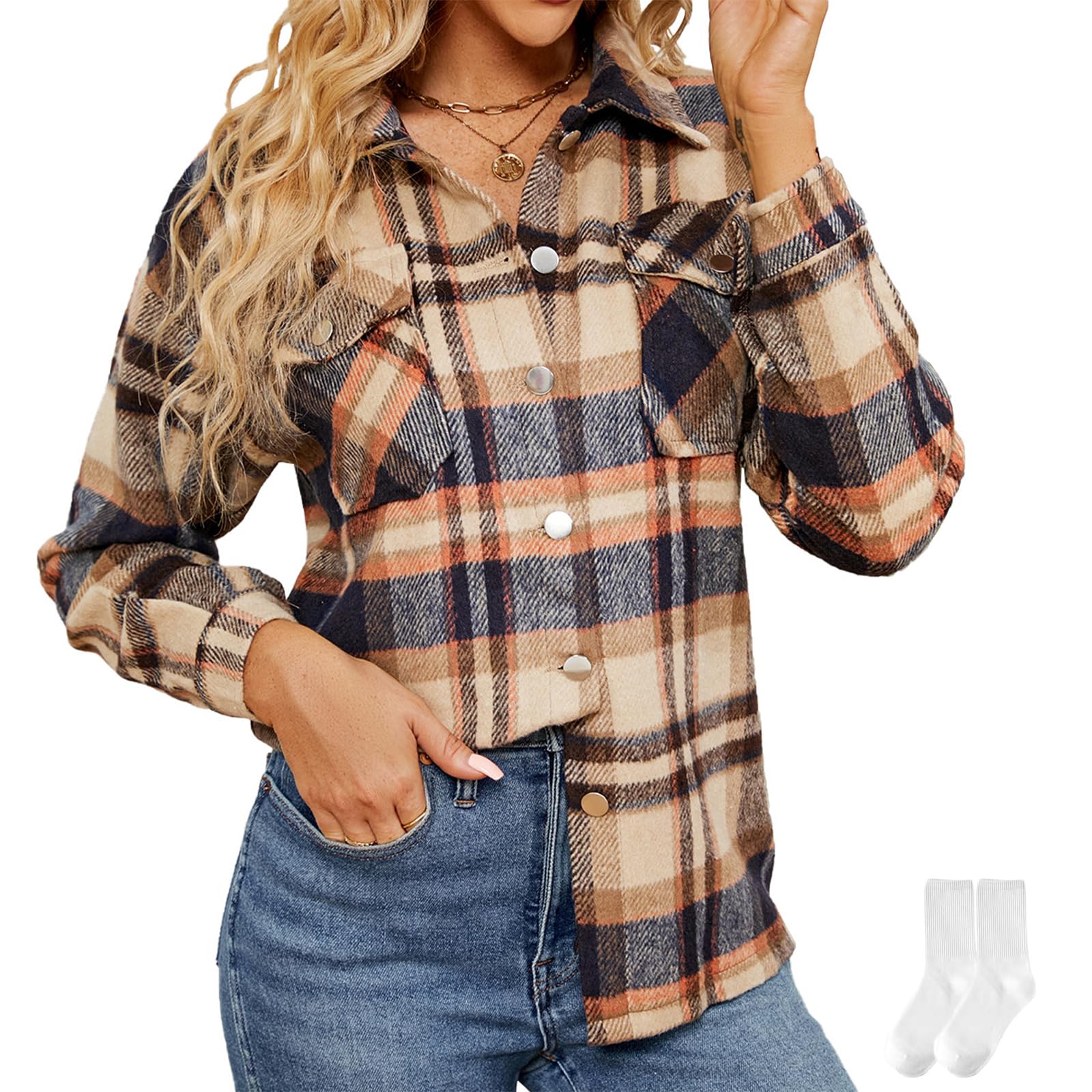 Plaid Shacket Jacket Women,Plaid Shacket Long Sleeve Leisure Shirt Fall Clothes for Women Tops S~XXL