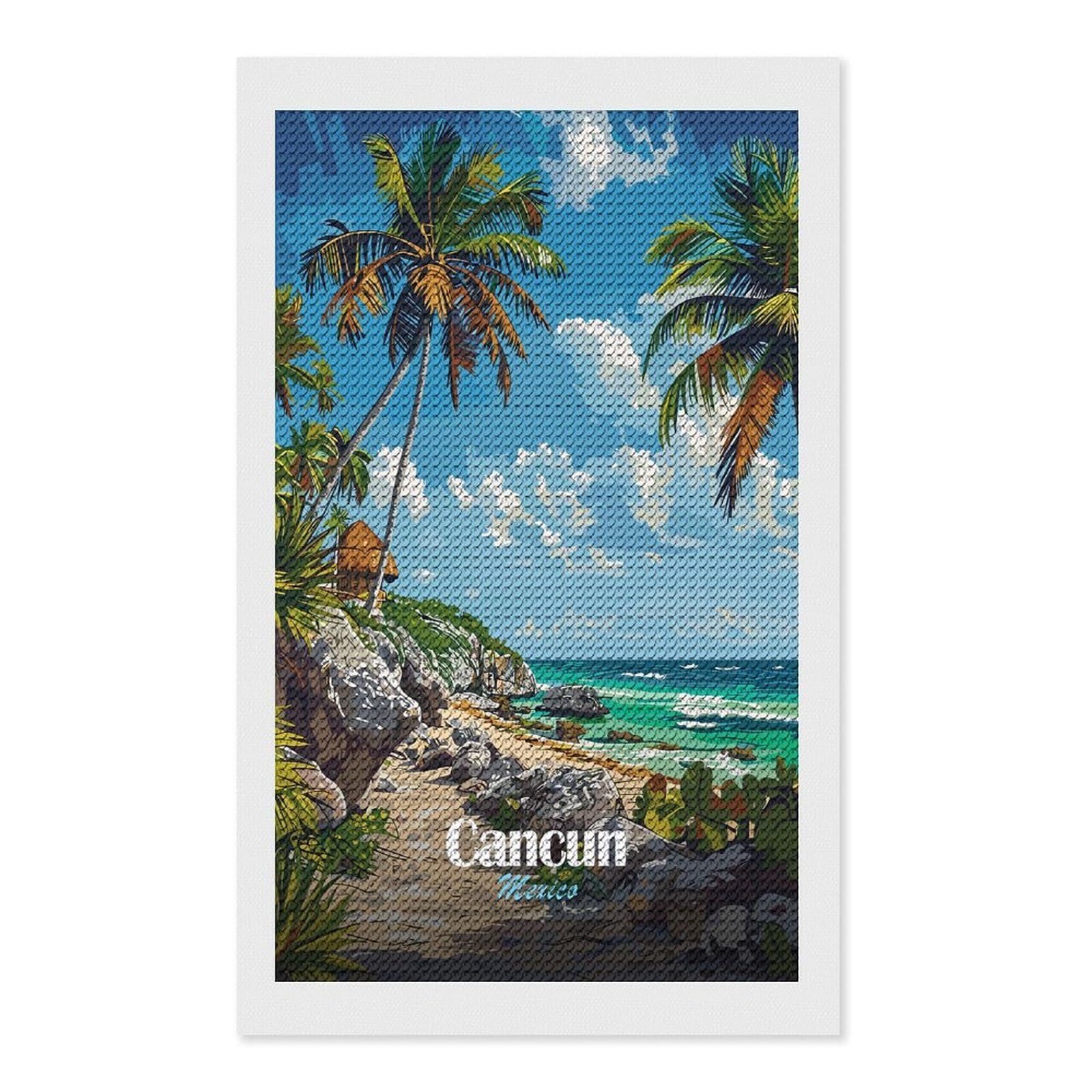 Junmoney Cancun Mexico Beach Paradise Round Drill Diamond Painting 12"x20", Handmade Wall Decor, Modern Decor, Aesthetic Room Decor, Easy Craft Set