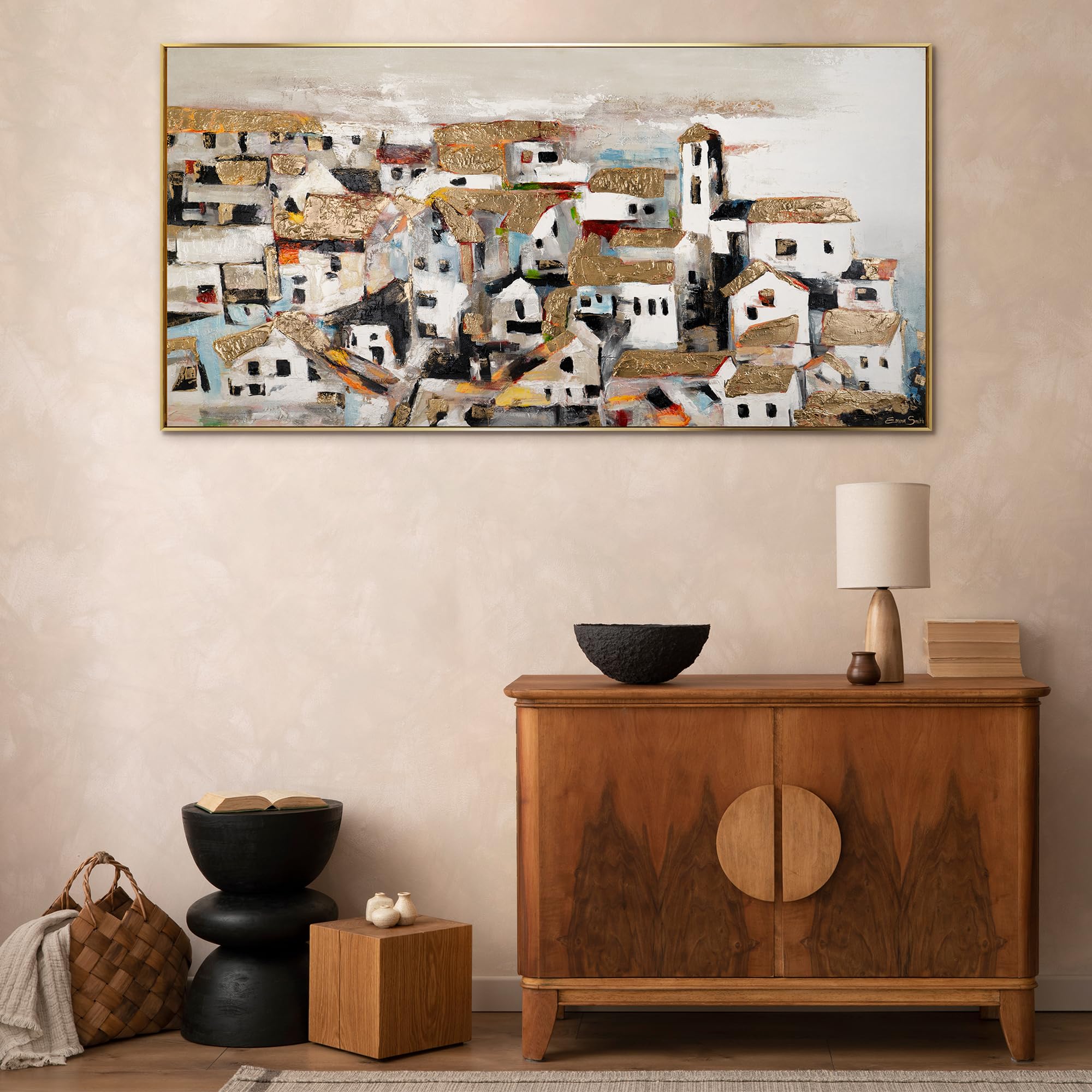 YS-Art Luxus Abstrakt Acryl Gemälde auf Leinwand Häuser im Sonnenlicht handgemalt Wandbild 100x50 cm