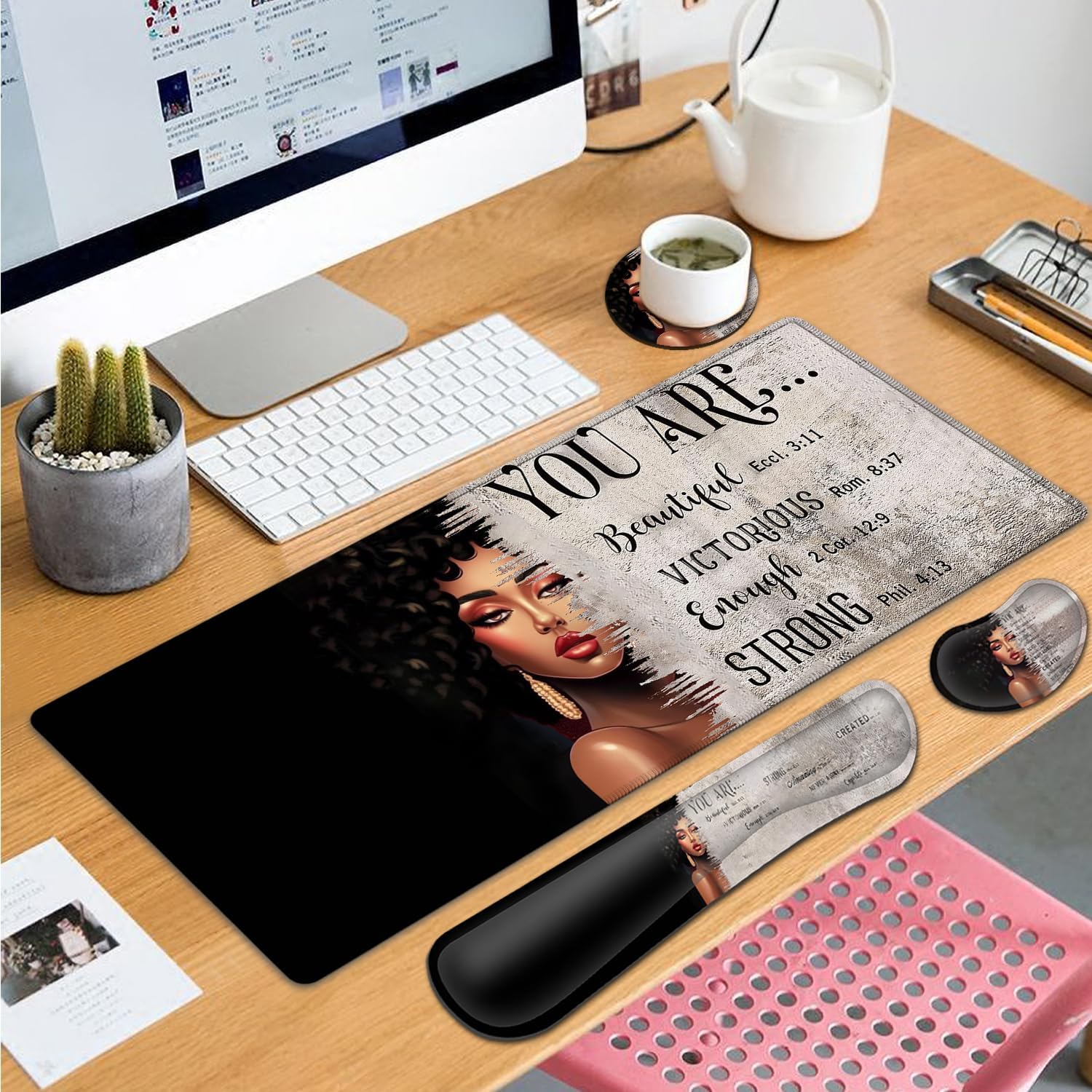 Large Gaming Mouse Pad+ Keyboard Wrist Rest Set, Ergonomics Memory Foam Mouse Mat Wrist Rest Support, Waterproof Extended Mousepad 31.5x11.8in, African American Women Black Girl Black Desk Pad