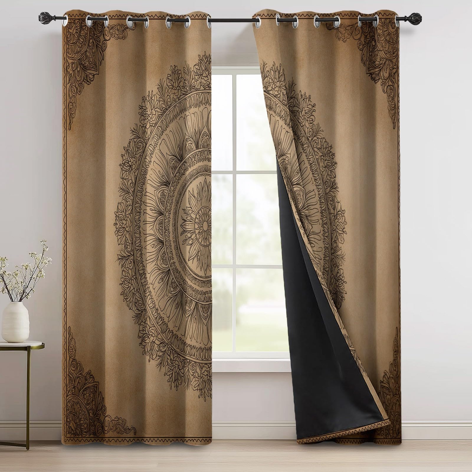 Rideau Occultant Rétro Mandala Lignes Motif Rideaux Thermiques à Oeillets, Brun Tenture Opaque Rideaux Imprimé pour Salon Chambre Enfant Moderne Décoration, 140L X 200H cm (2 Panneaux)