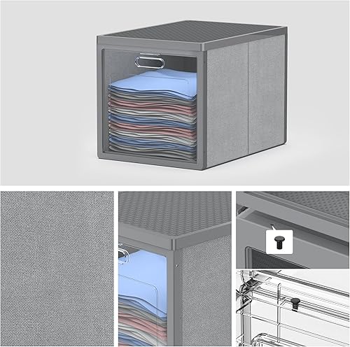 Miniatura 5 de Domsanistor Contenedores de almacenamiento apilables de 3 rejillas con tapas, organizadores de armario plegables, cajas de almacenamiento plegables,