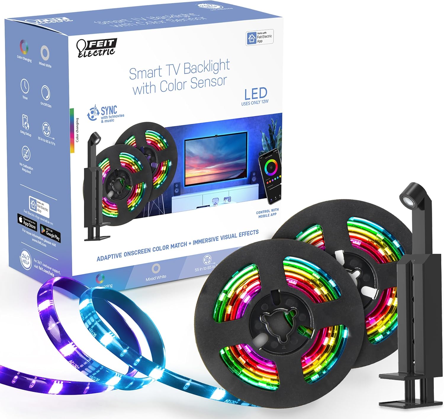 Feit Electric Smart TV Backlight with Color Sensor and 11.5ft LED Tape Light Supports 55″-85″ TVs, RGB Backlight, No Hub Required – TAPETV85/RGB/AG Feit Electric Smart TV Backlight with Color Sensor and 11.5ft LED Tape Light Supports 55″-85″ TVs, RGB Backlight, No Hub Required – TAPETV85/RGB/AG