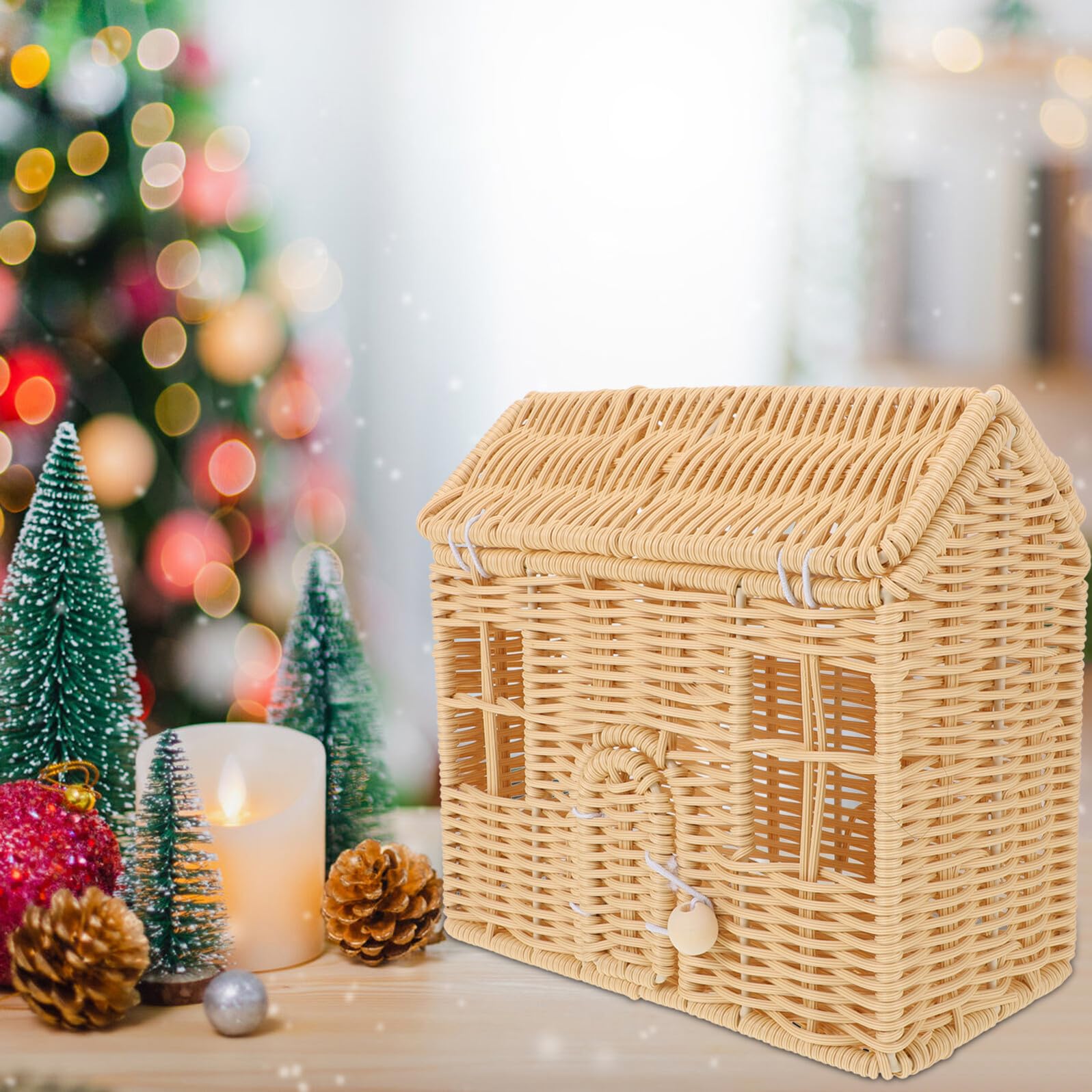 UKCOCO Cesta Tejida Navideña Hecha Mano Forma de Casa para Dulces Chocolates y Bocadillos Cesta con Asa Portátil de Mano para Fiestas Navideñas Showers y Festividades
