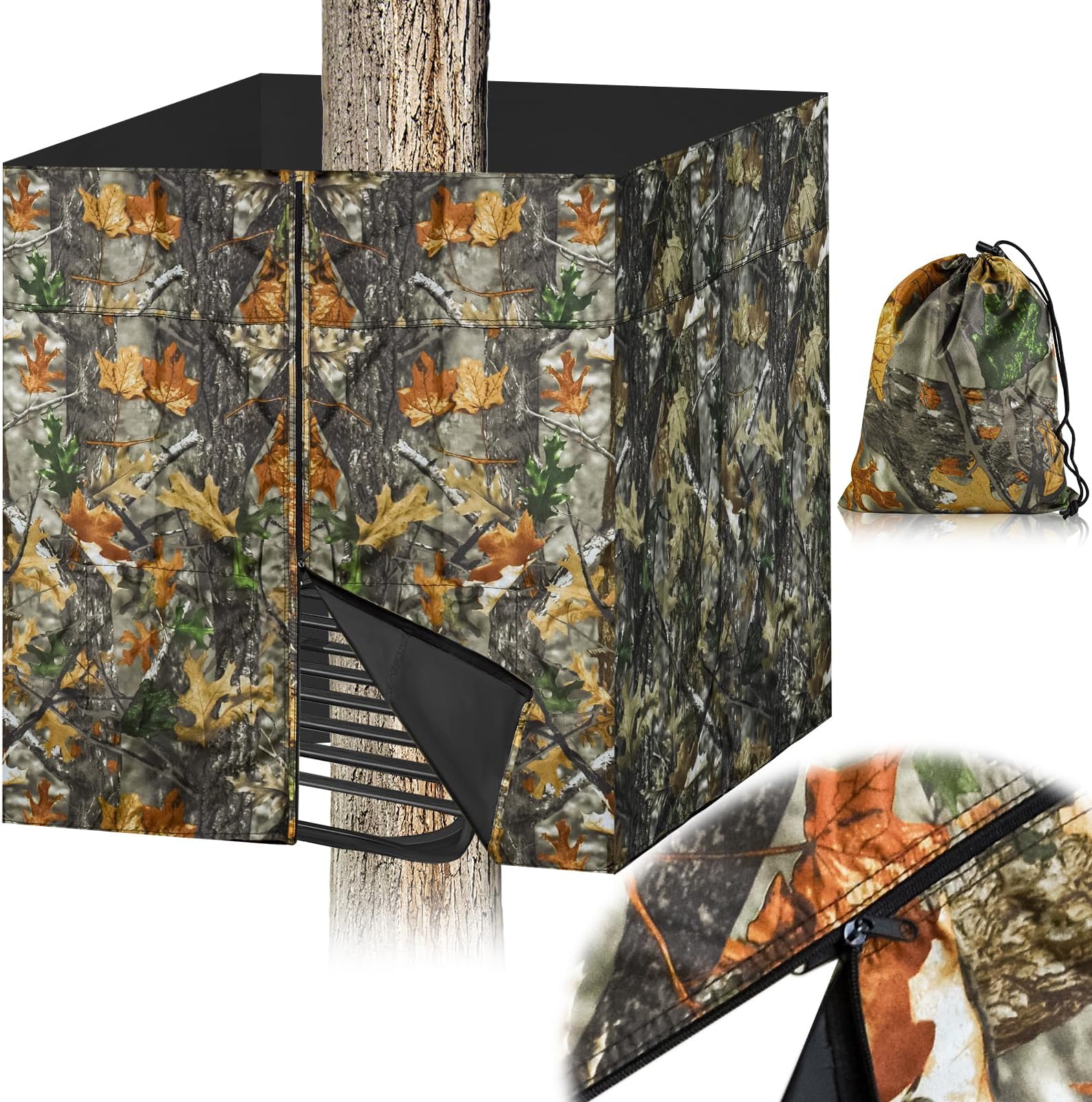 Four-sided Hunting Tree Stand Blinds Kit, 142" x 35" Large Treestand Camo Blind Cover Universal 2 Man Ladder Stand Blind Camouflage Stand Accessories with Zipper Pocket Storage Bag for Deer Hunting