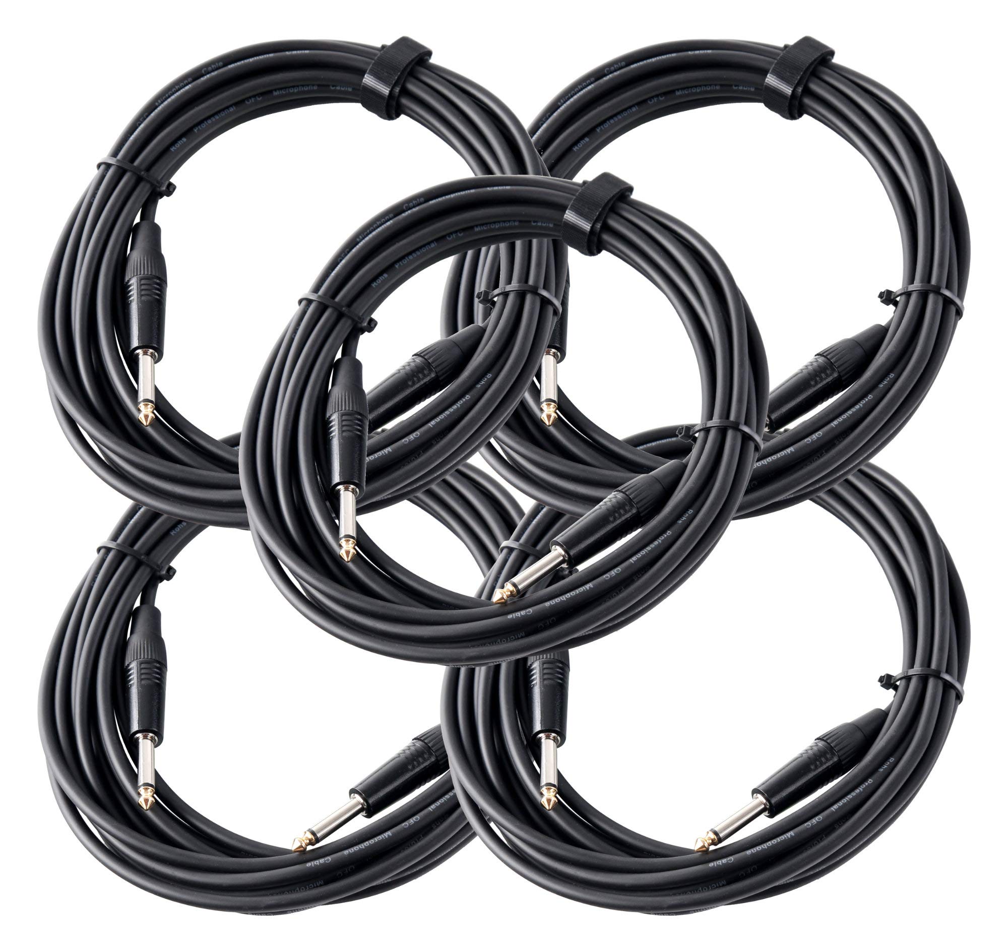 5er Set Pronomic Stage INST-6 Instrumentenkabel 6m (6,3 mm Klinke, Verbindungskabel, Gitarre, vergoldete Steckerspitzen, Spannzangen-Zugentlastung) schwarz