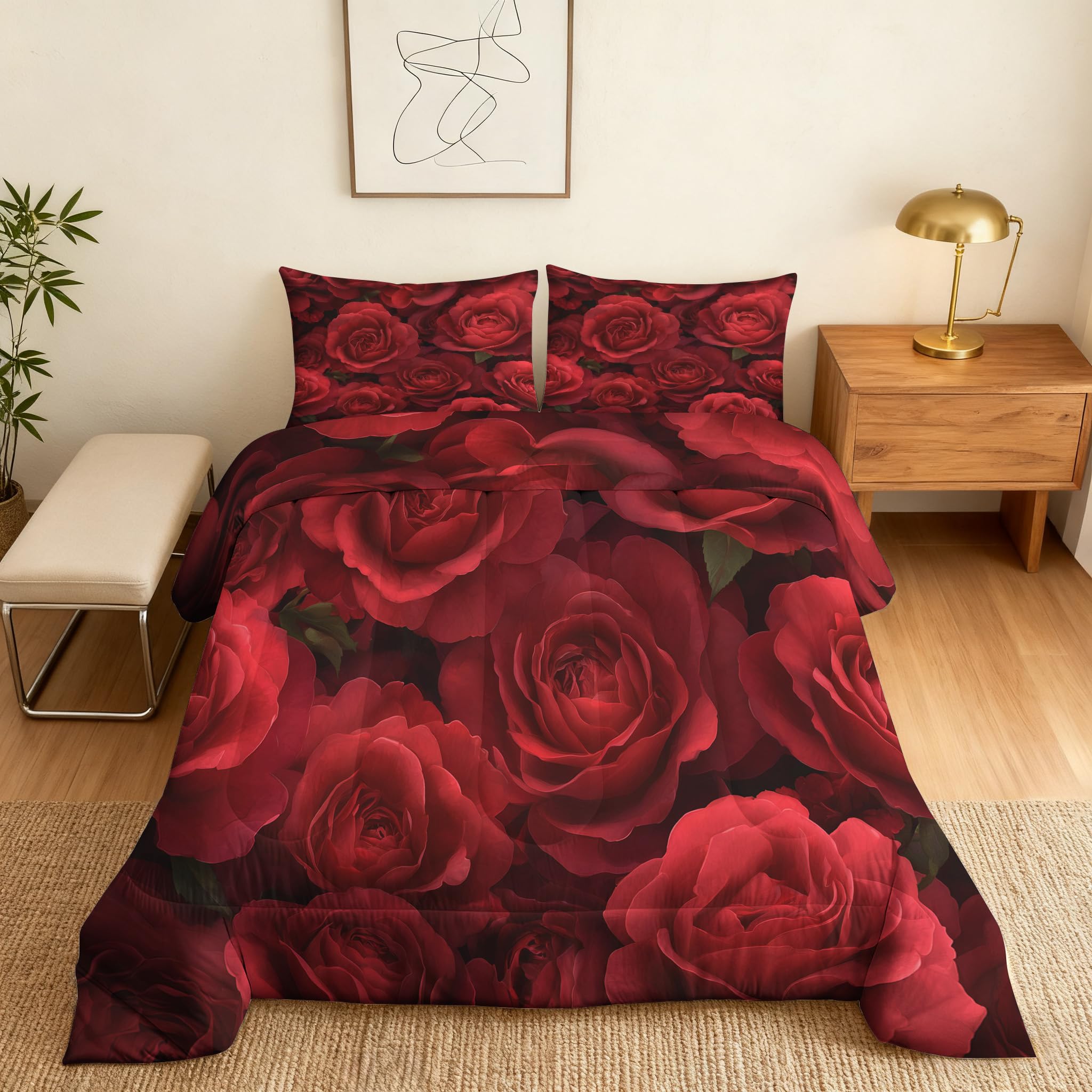 Generisch Bettdecke 155x220 Blumen Rot - 4 Jahreszeiten, Vintage 3D Rosen Blumenmuster Steppdecke & 1 Kissenbezug 80x80 - Schlafzimmer Deko, Weiche Mikrofaser Ganzjahresdecke Ohne Bezug #m350