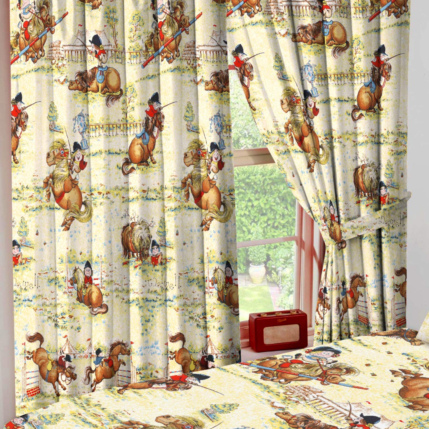 thelwell 66" x 54" Trophy Curtains With Tie Backs, Novelty Kids Horses Equestrian Riding Pony Jump Fairground, Cream Red Brown Yellow Green Multi