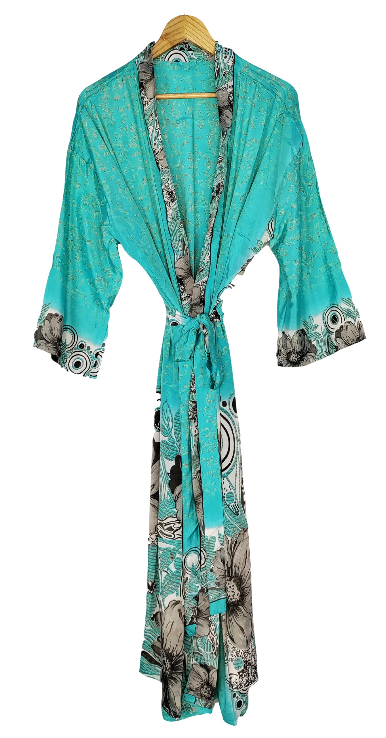 Kimono Saree Boho Vintage Recycled Silk House Robe, Dressing Gown, kimono Robe, Elegant Blue Black Floral Beach Cover up kimono Robe Perfect For Present By THE EASTERN LOOM., Blue, One Size