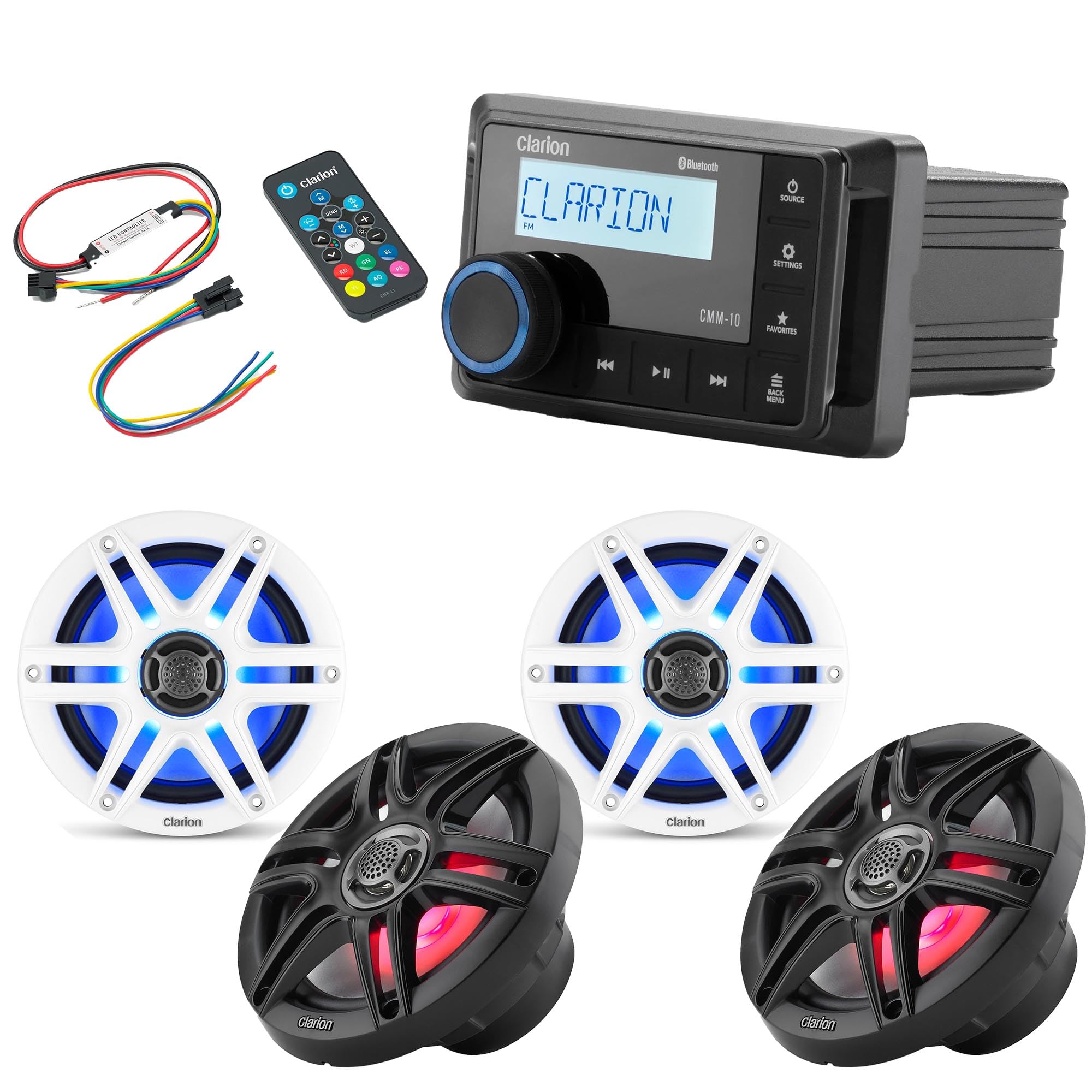 Clarion CMM-10 Marine Source Unit with (2) CMS-651RGB-SWB 6.5-inch LED RGB Marine Coaxial Speakers, Sport Grilles & LED Remote