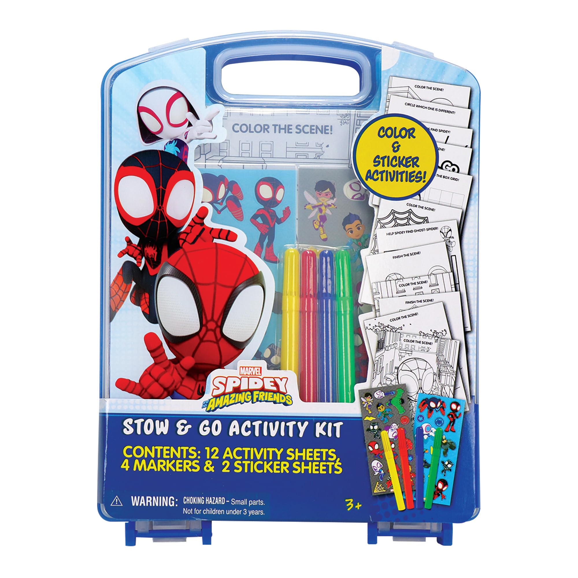 Spidey and His Amazing Friends Stow & Go Activity Kit – 17-Piece Marvel Art Set with Stickers, Crayons, Coloring Pages & Carry Case – Kids Travel Kit Ages 3+