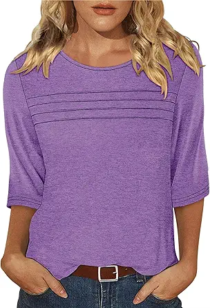 KISSMODA Women's Casual 3/4 Sleeve T-Shirts Round Neck Cute Tunic Tops Basic/Pleated Summer Tops Trendy Spring Blouses