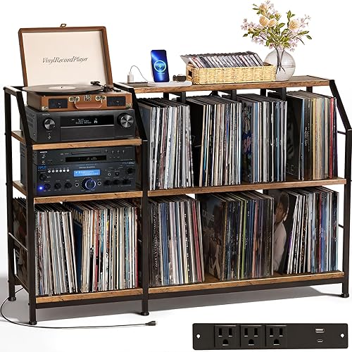 Soporte grande para tocadiscos con estación de carga, soporte giratorio y gabinete de discos con almacenamiento de vinilo con capacidad para más de
