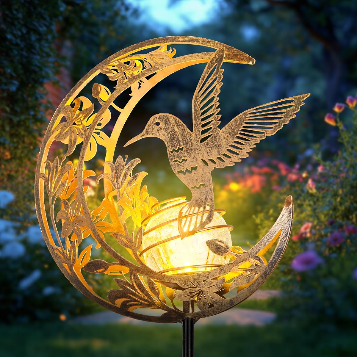 Solar Hummingbird Garden Gifts for mom/Grandma/Women,Lights Outdoor Decor - Moon & Bird SolaGardenLights Waterproof, Auto On/Off Pathway Lighting for Yard/Lawn/Patio,Thanksgiving Day