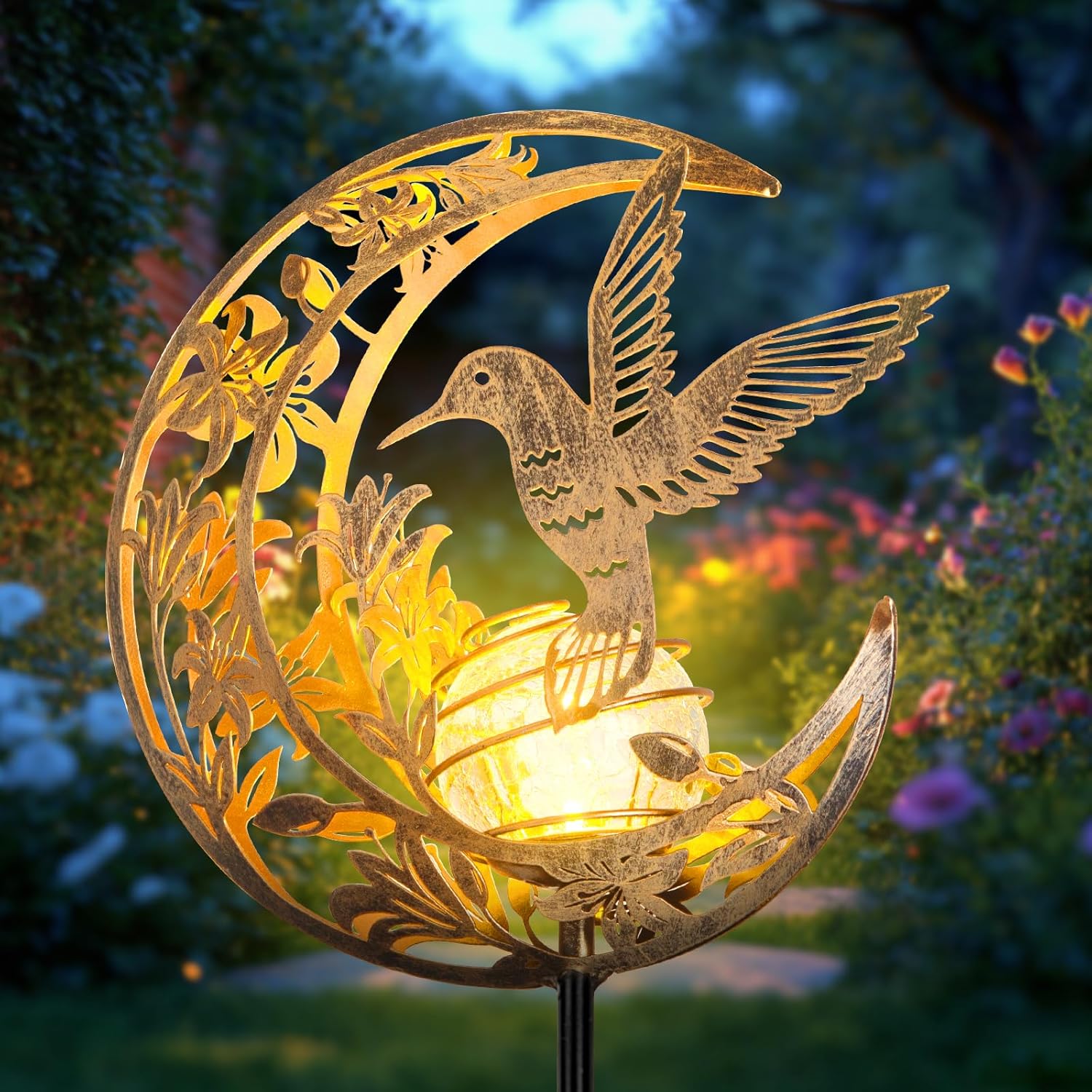 Solar Hummingbird Lights Outdoor Decor - Moon & Bird SolaGardenLights Waterproof, Auto On/Off Pathway Lighting for Yard/Lawn/Patio, Handcrafted Metal Solar-Stake-Lights for Outside Decorations
