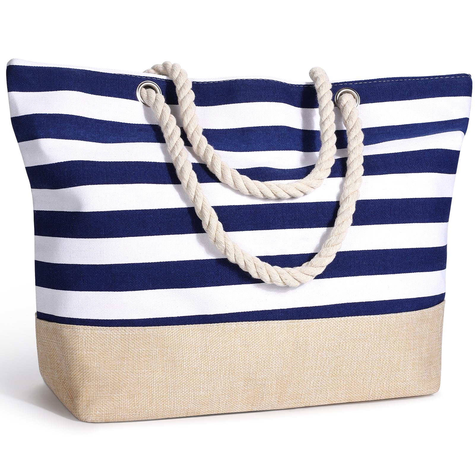 Sac de Plage Femme Grand Sac Fourre-Tout en Été, Sacs à Main de Voyage en Toile Imperméable avec Fermeture à Glissière Cabas Femme Tote Bag pour Plage Vacances Shopping Gym, Bleu Oxford