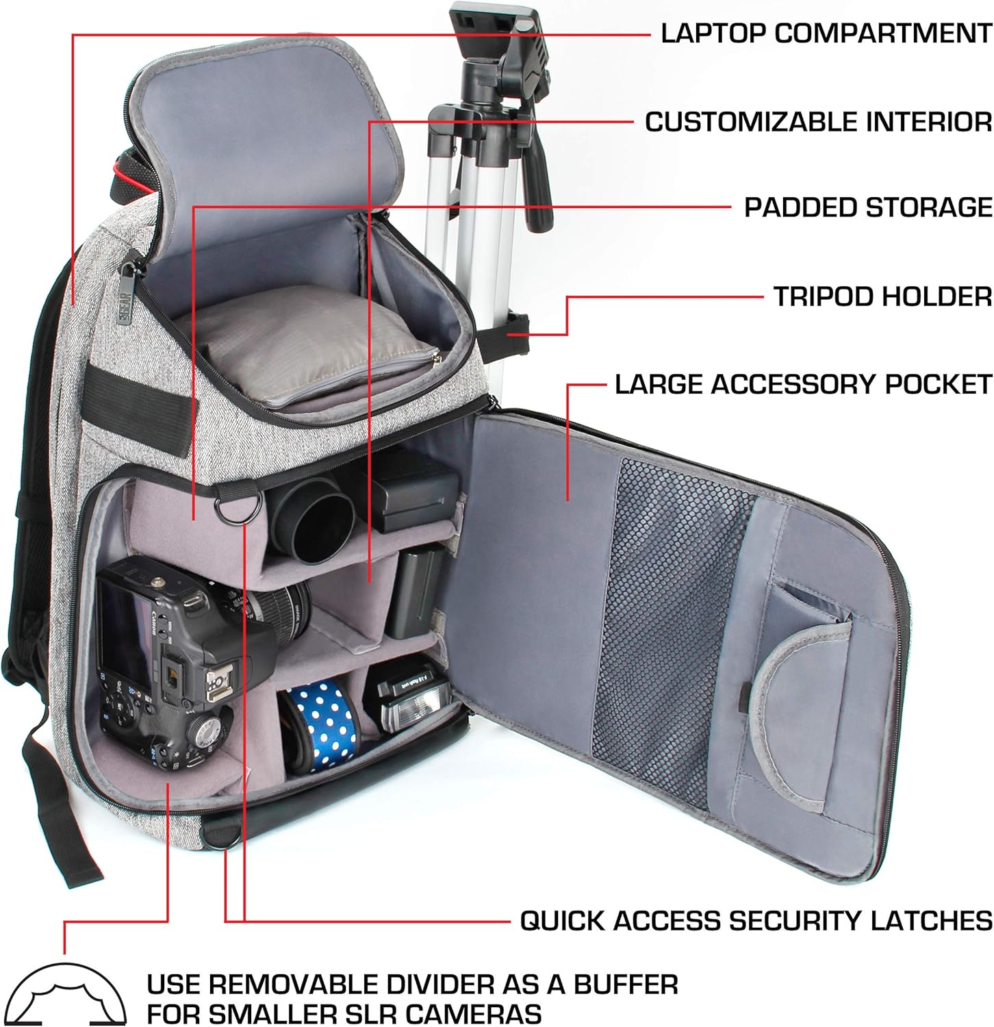 USA Gear DSLR Camera Backpack with Padded Dividers, Tripod Holder, Laptop Compartment, Rain Cover and Accessory Storage Compatible wIth Cameras from Nikon, Canon, Sony, Pentax and More