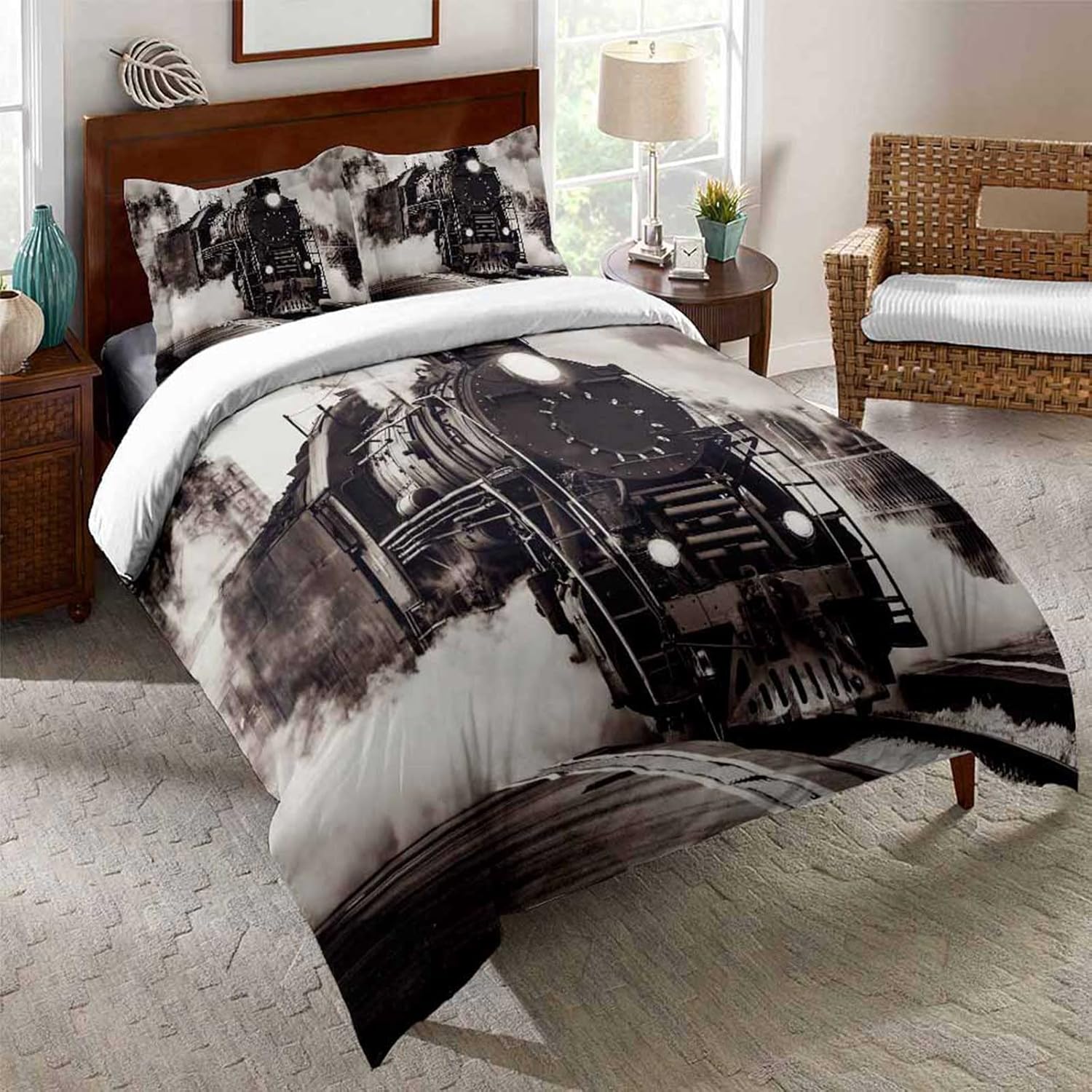 Antique Train Duvet Cover Twin Full Queen Size Old Steam