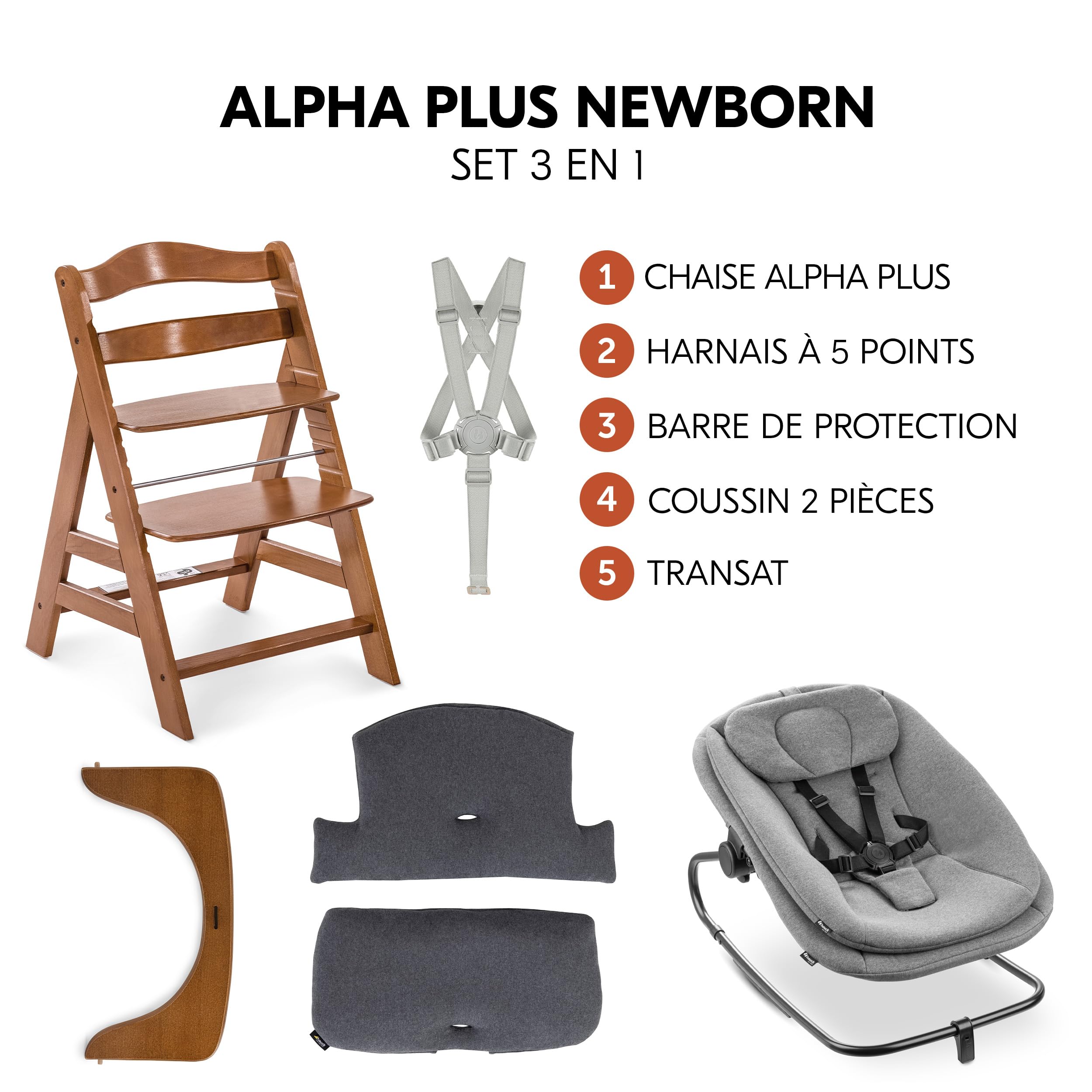 hauck Chaise Haute Bébé Alpha+ avec Siège Highchair Bouncer – Walnut | Chaise haute évolutive en bois, de la naissance à 90 kg, inclus assise bébé ergonomique 3 en 1 et coussin