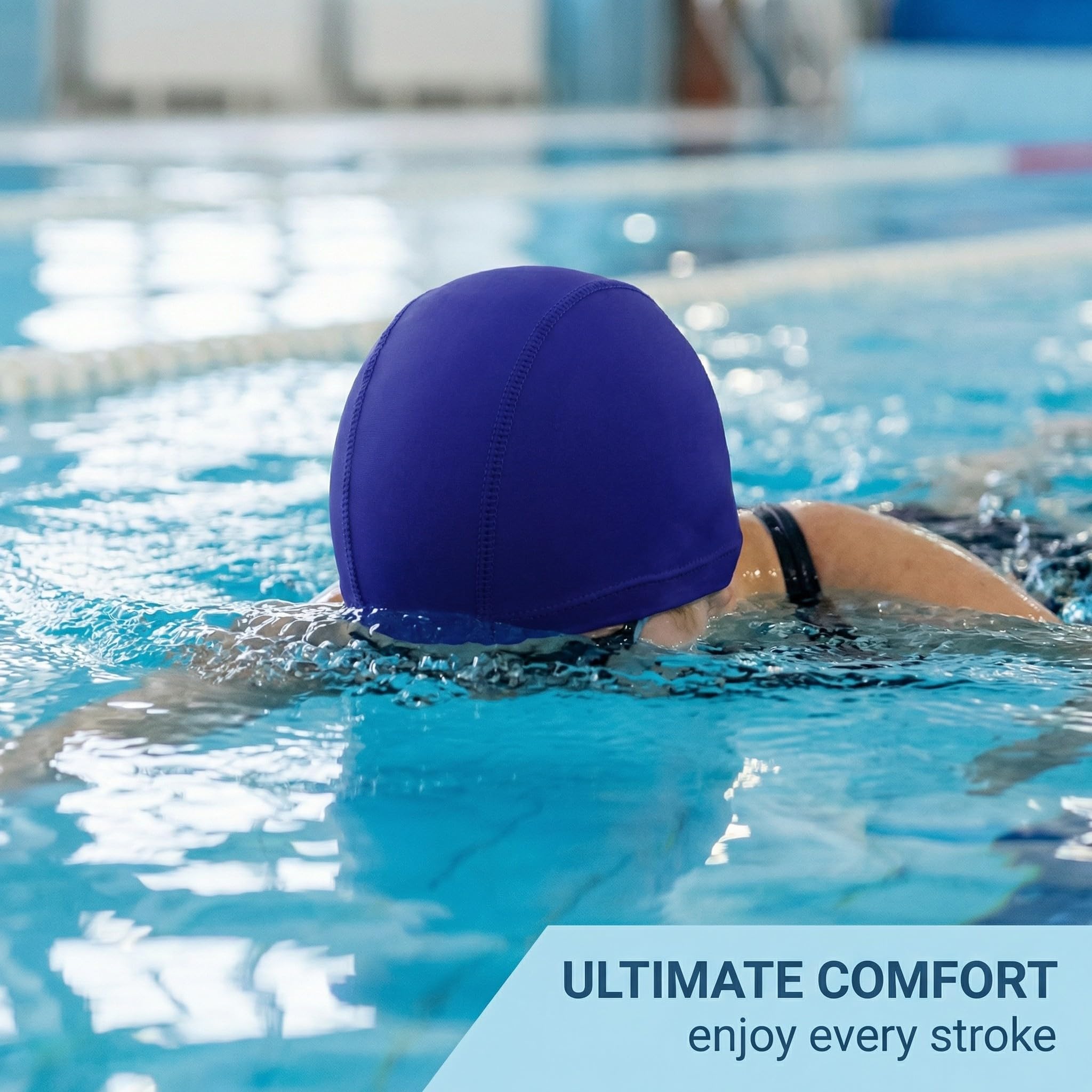 Gorro de Natación de Tela – Cómodo, Duradero y Extraordinariamente Elástico, Ideal para Hombres y Mujeres (Azul + Negro)