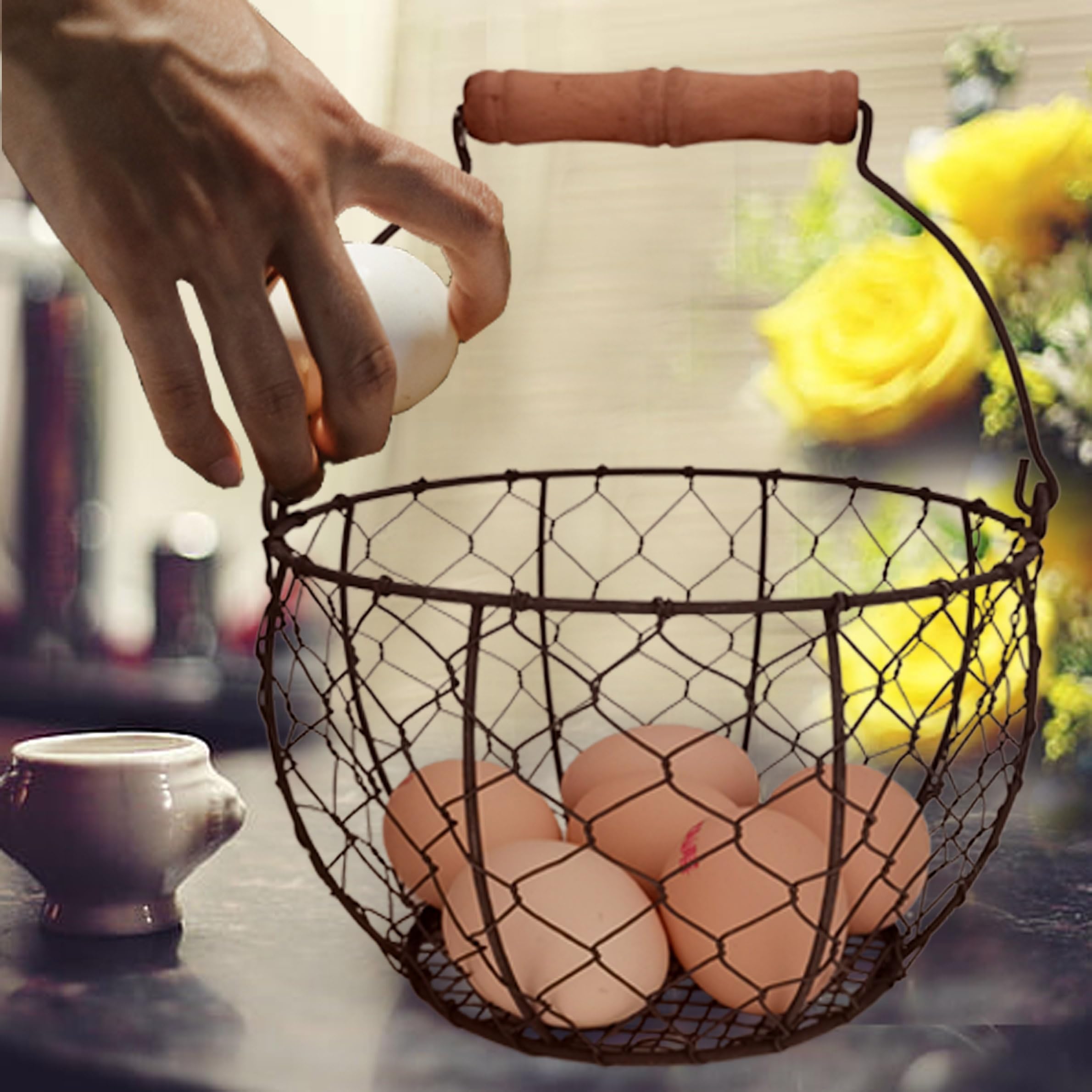 Cesta de huevos de alambre para recoger huevos frescos | Cesta de huevos de gallina para recoger huevos con asa, estilo vintage de granja para encimera de cocina y gallinero