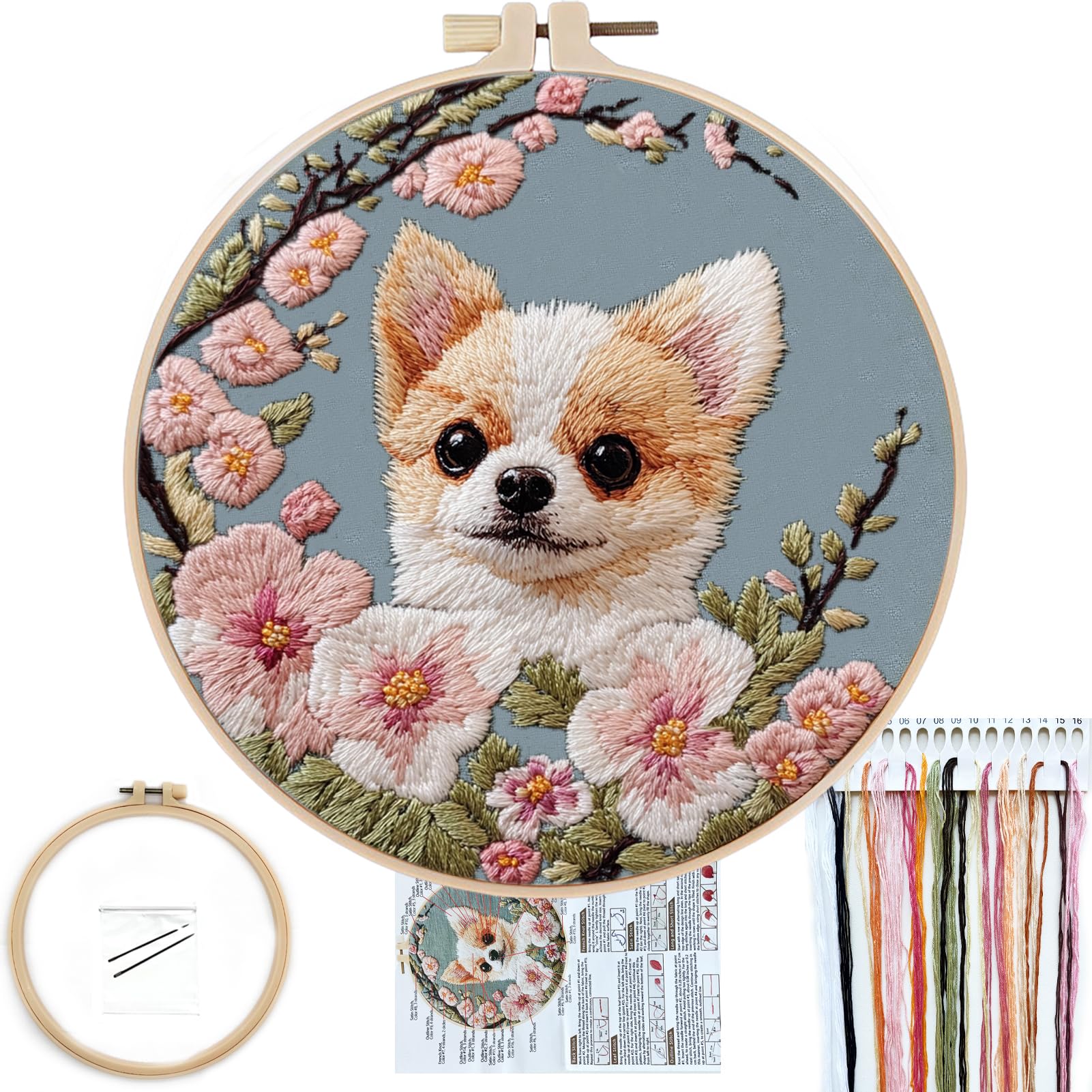 FONNUY Chihuahua Dog Floral Embroidery Kit, Cross Stitch Kits for Beginners, Handmade Crafts with Printed Patterns for Beginner Adults, Easy to Follow Color Thread Needlework, 8'' Hoop (Petite Dog)