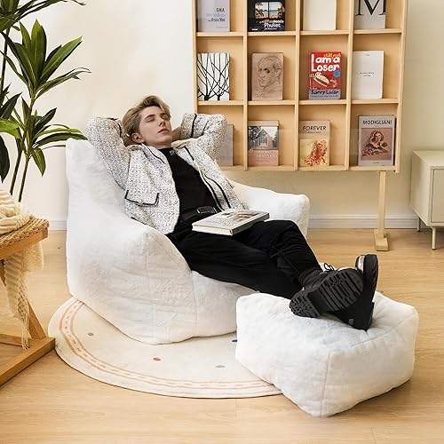 Miniatura 4 de Silla de Puf con Otomana, Sillas de Puf con Reposobrazos y Relleno, Silla de Puf Ultra Suave y Esponjosa de Pelo Sintético con Reposapiés, Sofá