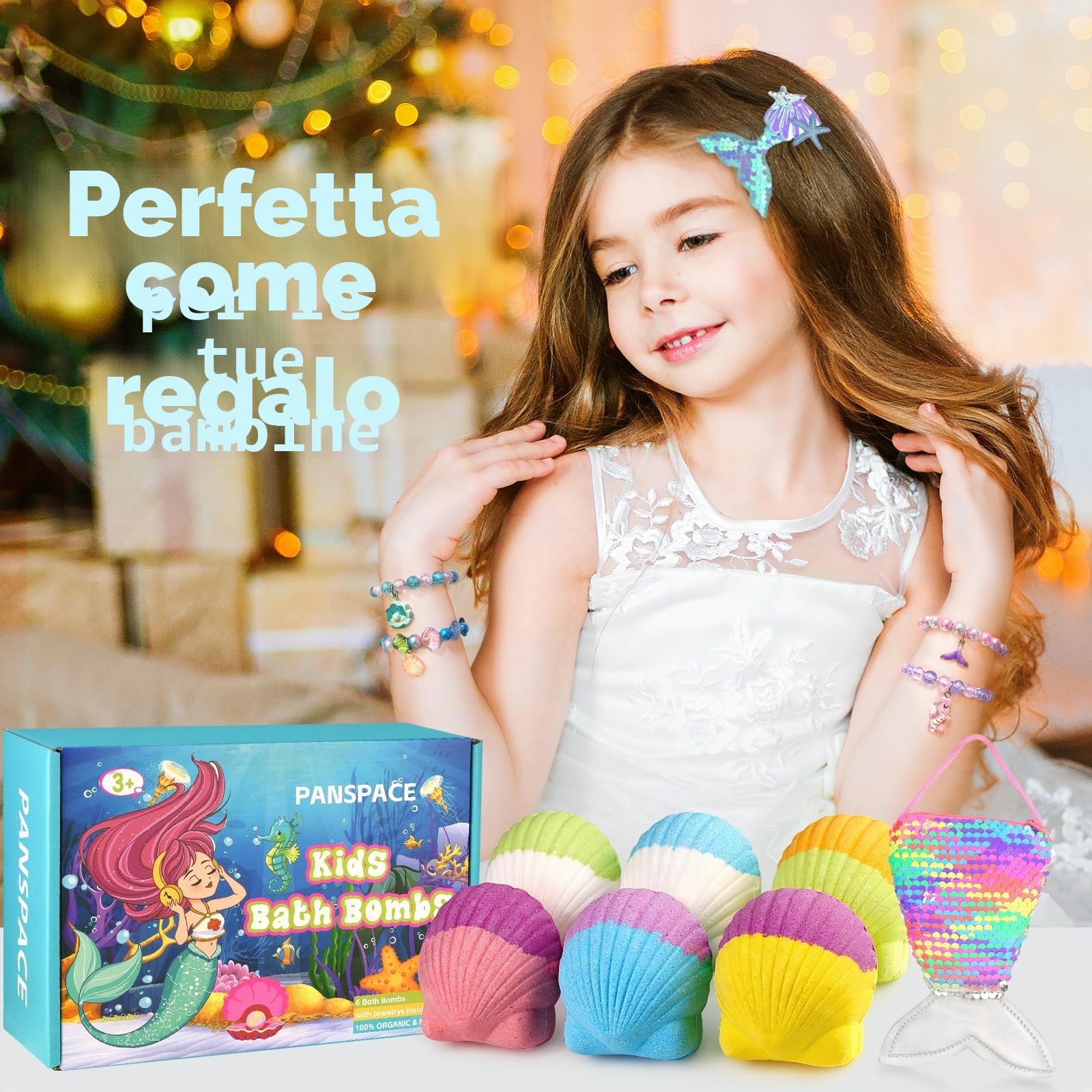 Bombe da bagno per bambini con sorpresa all'interno, 6 PCS bombe da bagno organiche per ragazze e bambini di età compresa tra 3 e 12 anni, set regalo palla da bagno compleanno con braccialetti sirena