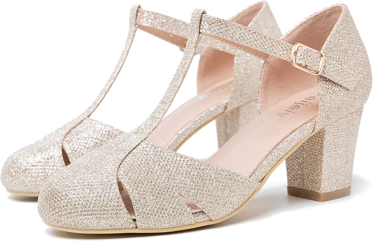 Women's T-Strap Block Heel Pumps, Ankle Buckle Closure, Classic Cut Out Round Toe Dress Shoes - Image 7