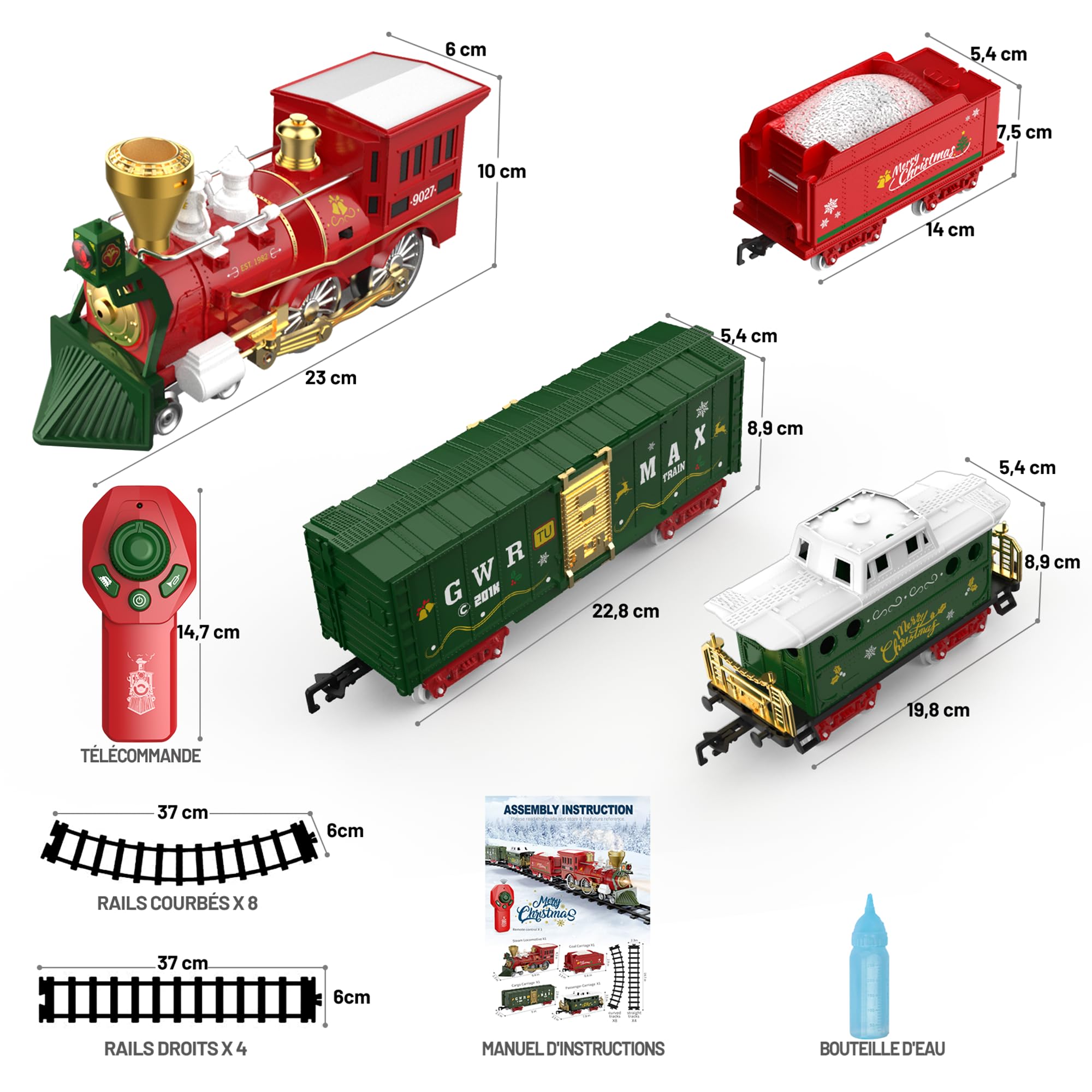 Hot Bee Train de Noel Electrique pour Sapin avec Télécommande, Petit Train Noel avec Fumée, Lumières et Sons, Enfant Cadeau Garcon 3 4 5 6 7 Ans