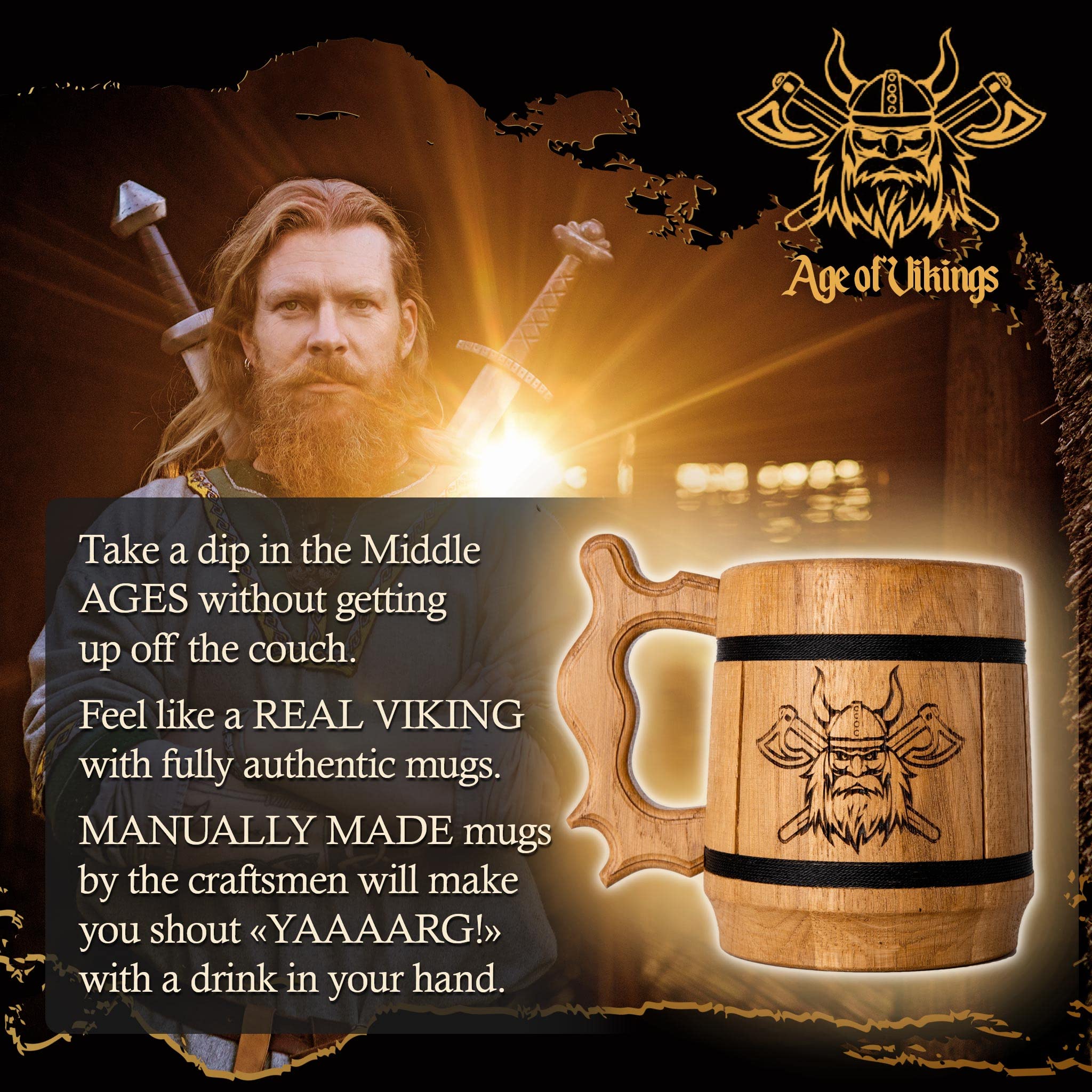 Teslyar Kufel do piwa Viking dla mężczyzn – 0,6 litra, 590 ml, ręcznie wykonany kubek z drewna dębowego, ze stali nierdzewnej, autentyczny design, prezent na Boże Narodzenie, prezent urodzinowy,