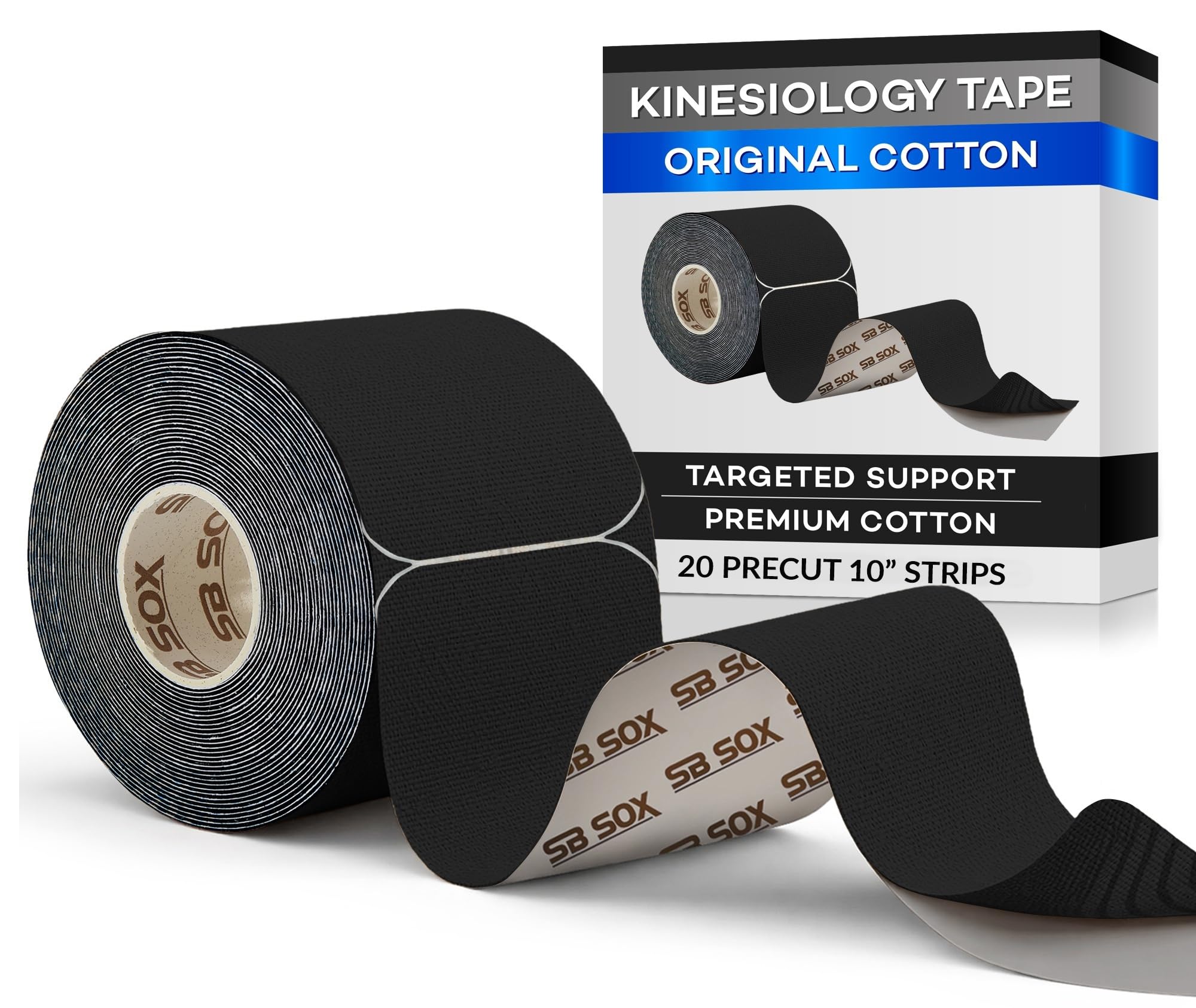 SB SOX Original Cotton Kinesiology Tape Roll, 16ft (Black - Precut)