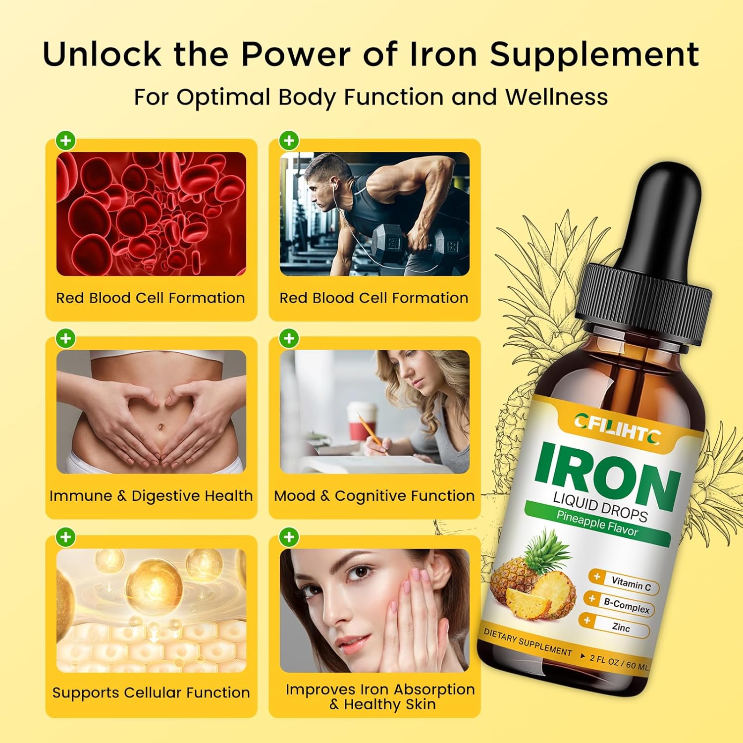 Liquid Iron Supplement for Women Men & Kids Multivitamin Iron Drops with Folate, Vitamin C, B6, B12, Zinc for Anemia, Iron Deficiency, Blood Builder, Energy - Natural Pineapple Flavor, Vegan 4 Fl Oz