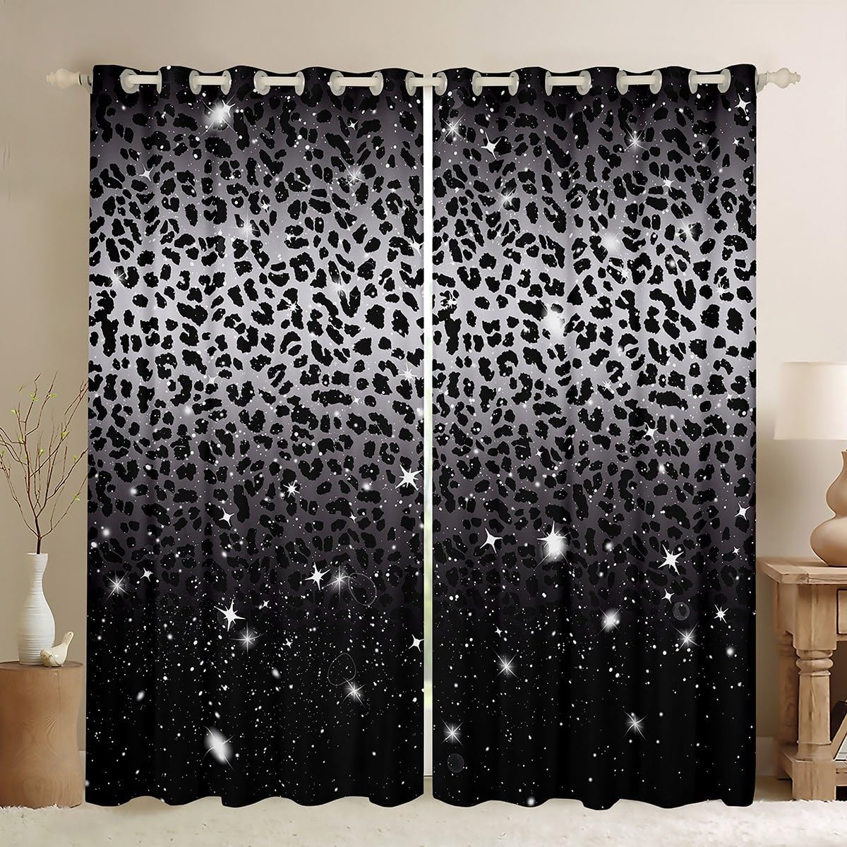 Leopard Print Blackout Curtains,Black Grey Cheetah Skin African Big Cat Window Curtains,Sparkle Starry Sky Glitter Curtains & Drapes 2 Panels 42"Wx90"L,Wildlife Jungle Animal Window Treatments