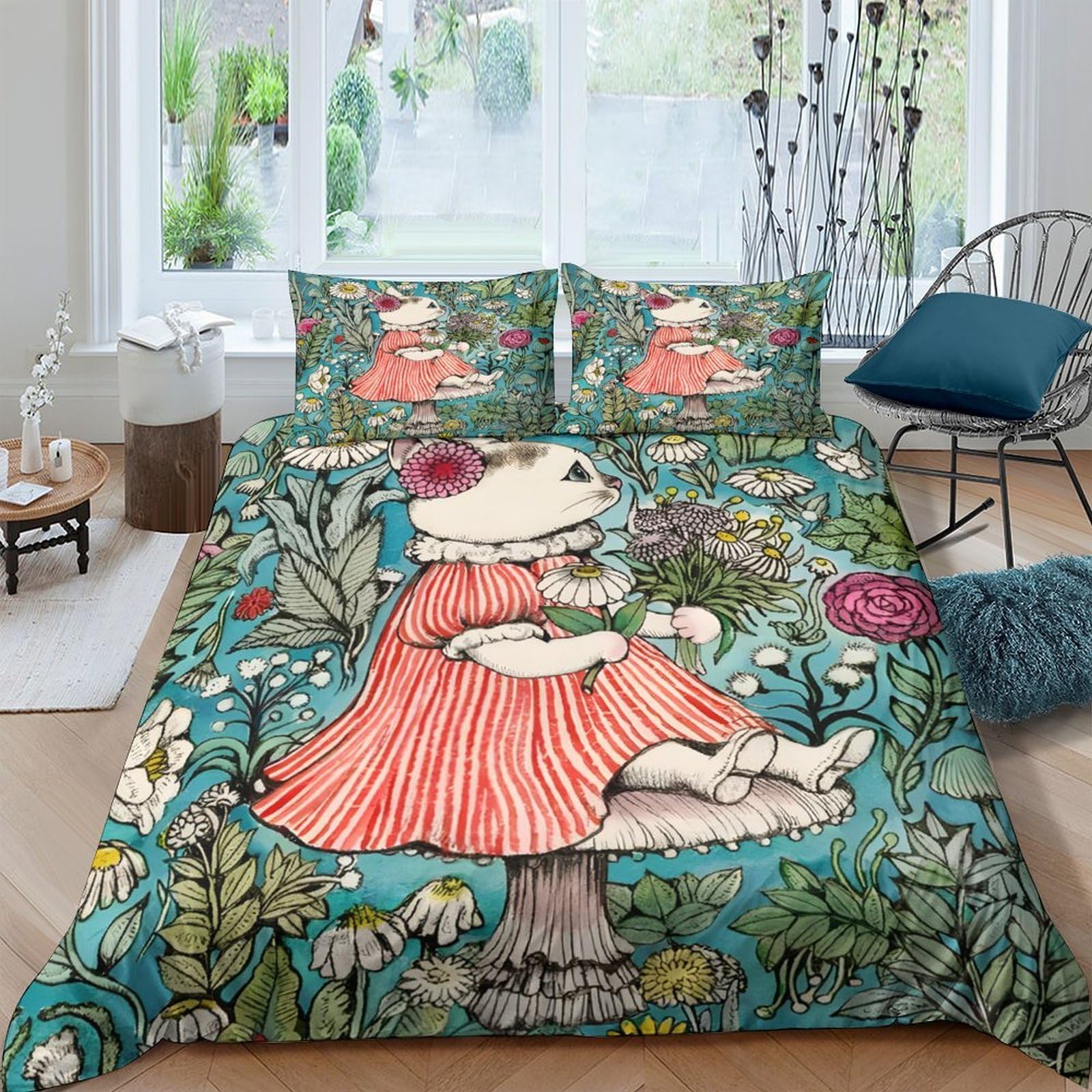 XFKLYNVCJ 3D Printed Whimsical cat Comforter Cover Microfiber Illustration style Bed Cover Shrink Resistant Fade Resistant Soft Breathable No Iron for Home Family Use Super king（260x220cm）