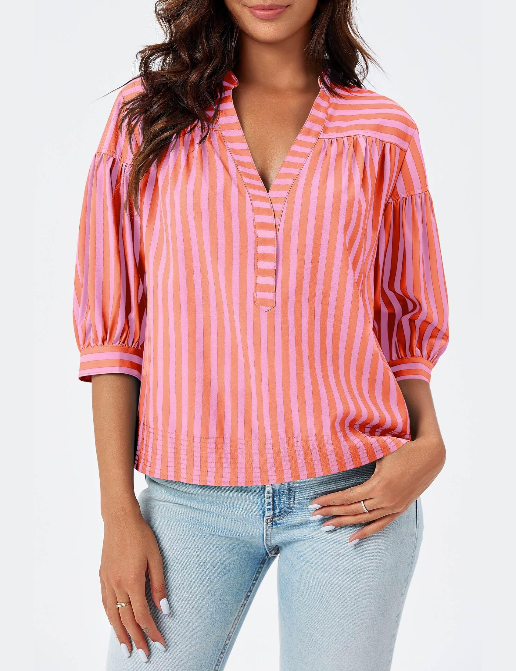 Blusa de manga corta abombada para mujer, a rayas, cuello en V, para verano, negocios, casual, lindo, babydoll, bohemio, holgada