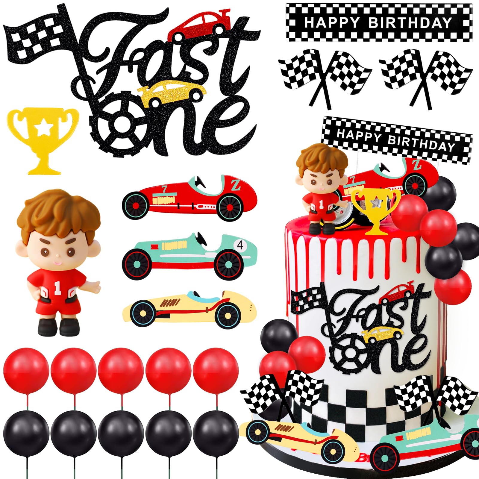 MEMOVAN Race Car Cake Topper Red Black Balls Cake Toppers Fast One Cake Decorations 1st Birthday Cake for Boy's Kids Racing Car Checkered Flag Themed