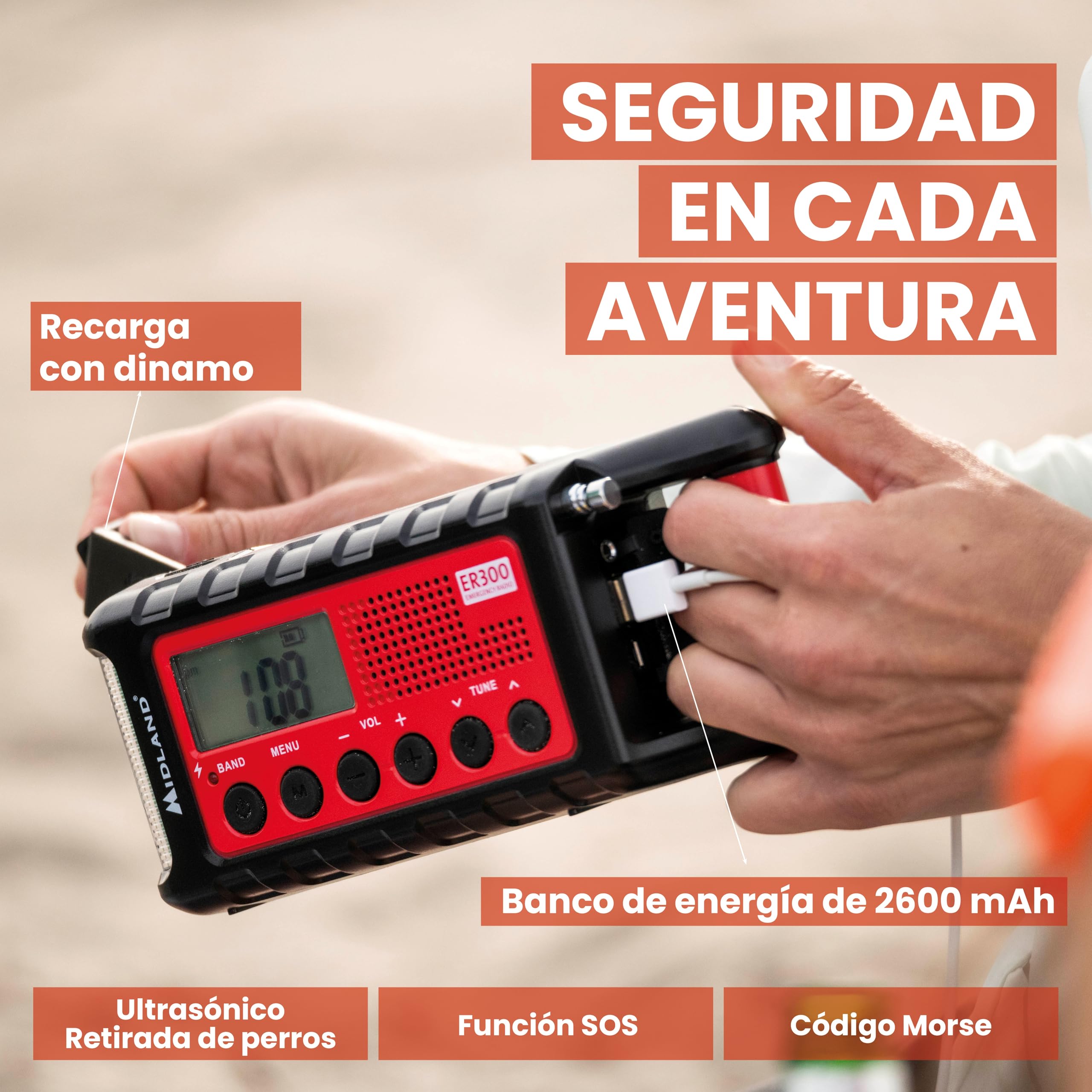 Midland - Batería Externa de Emergencia ER300 Multifuncional para Camping y Outdoor, Linterna LED Dinamo, Radio FM/Am con Placa Solar, Función SOS y Ultrasonidos para Perros, Pilas Recargables
