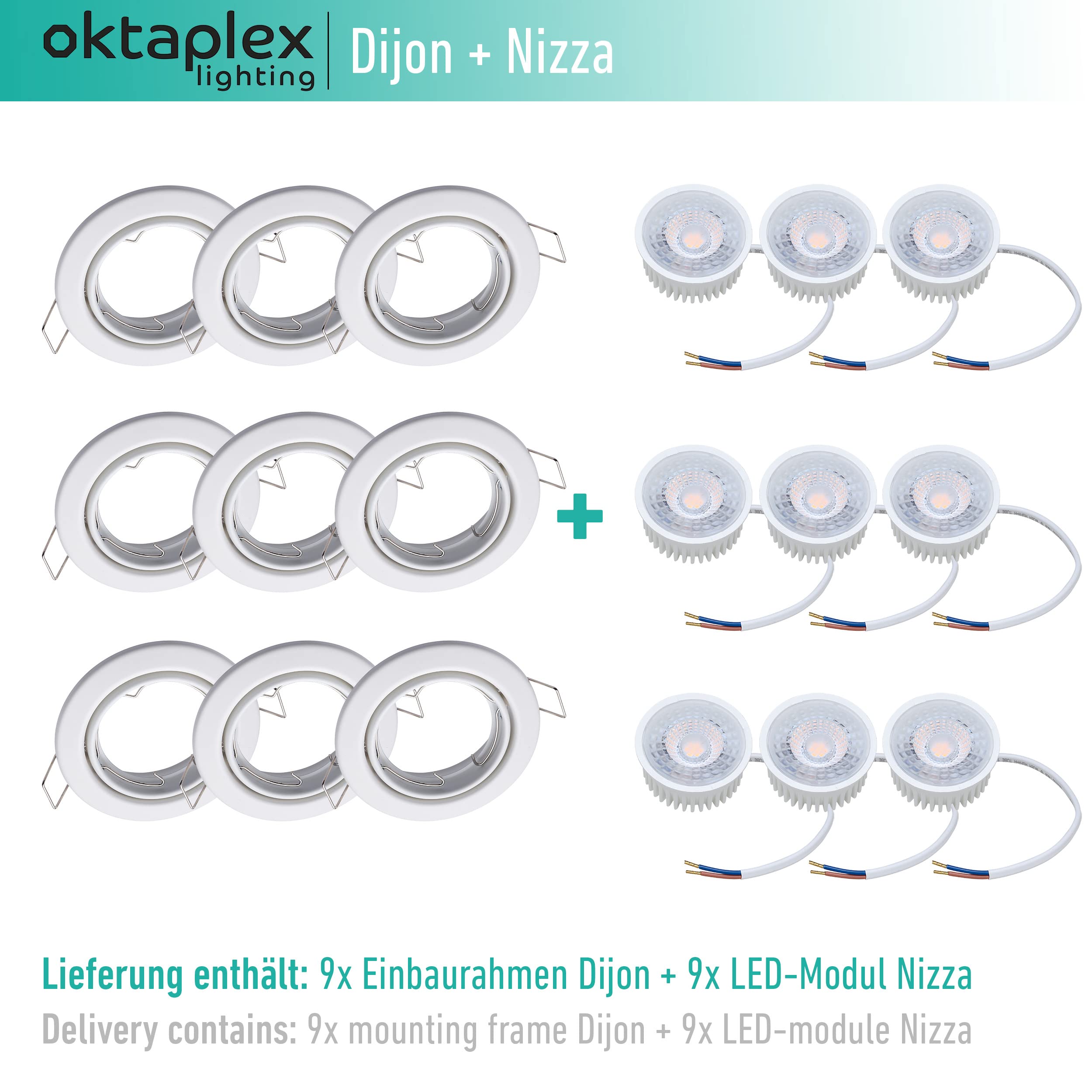 9 x Oktaplex Spot 3-stopniowe ściemnianie Dijon wychylne — moduł LED Nizza 4,8 W 3000 K 230 V 380 lm ciepła biel 110° — oświetlenie punktowe sufitowe białe wymiary otworu 68 mm