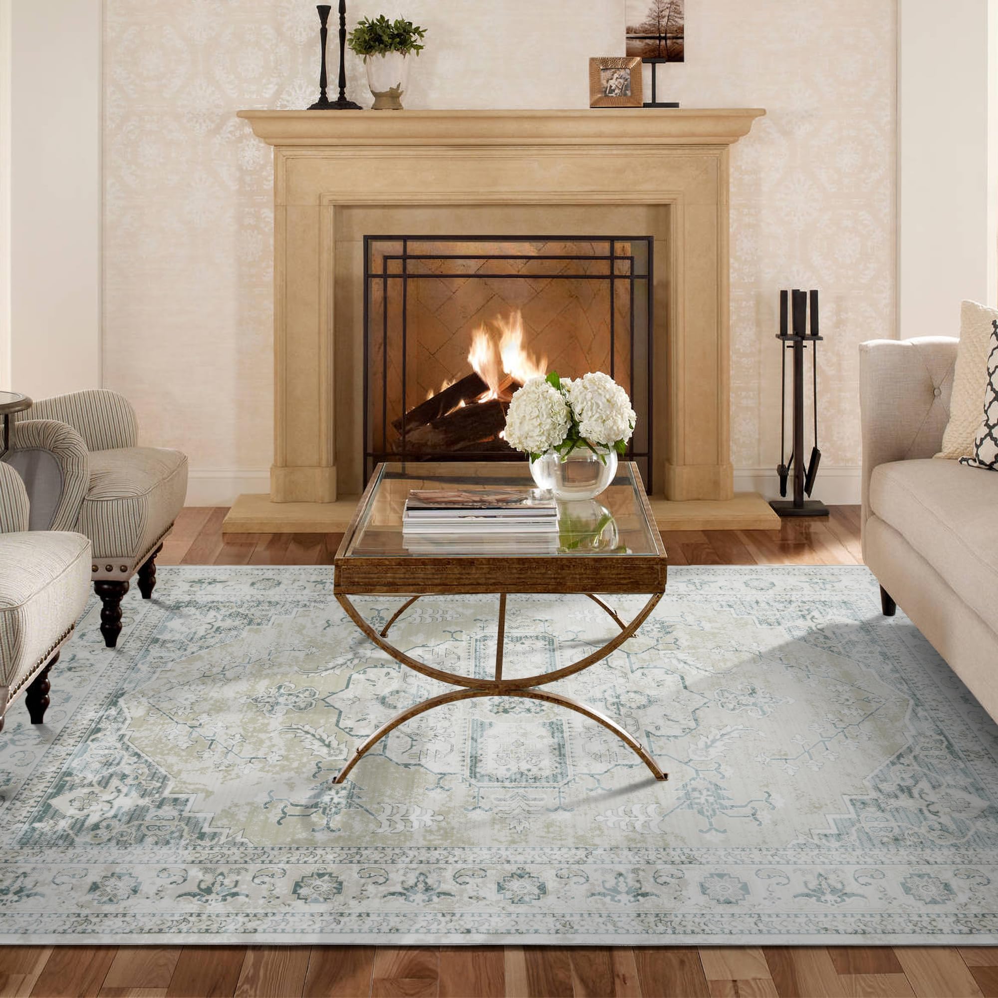 Syalife 9x12 Washable Area Rug, Ultra Soft Non-Slip, Low Pile, Stain Resistant Vintage Area Rug for Living Room, Boho Carpet for Bedroom, Dining Room,