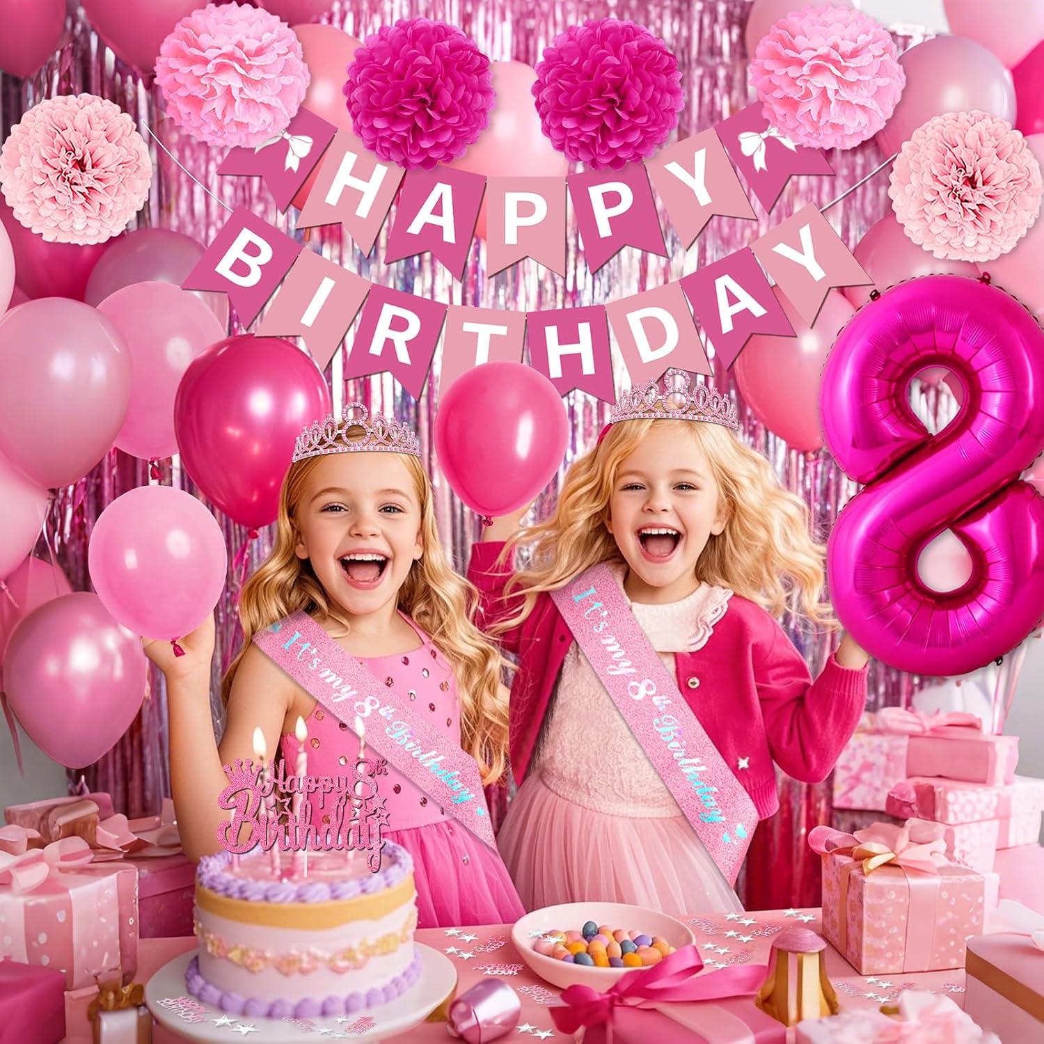 8th Birthday Decorations for Girls, Pink Party Decorations with Number 8 Balloon Happy Birthday Banner Bday Sash Crown Tablecloth Fringe Curtain Hanging Swirl for 8 Balloons for Bday Girl image 4