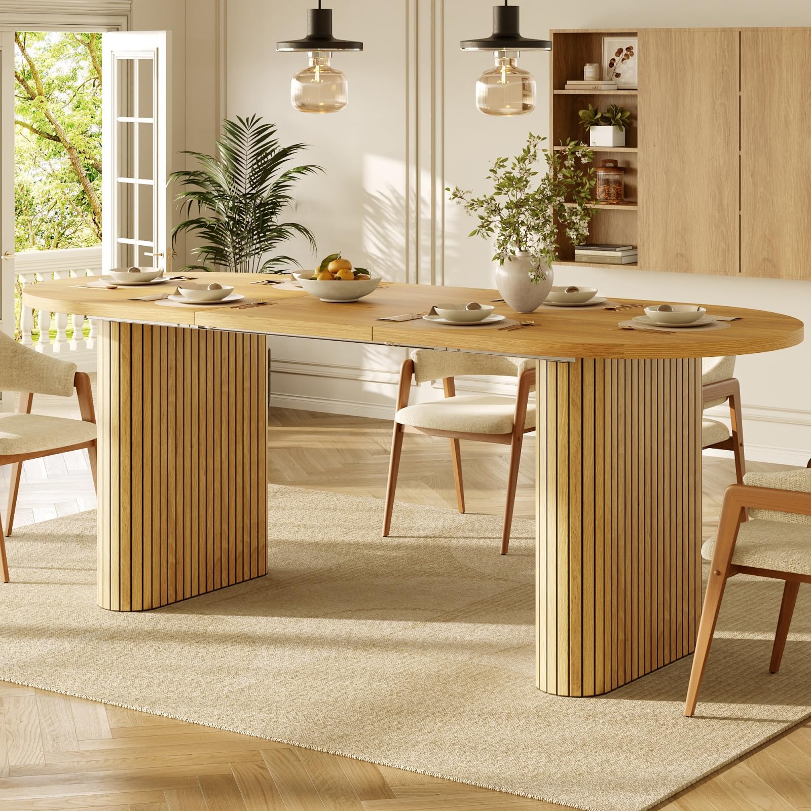 YEHTOKHOME Table à Manger Ovale Extensible 120-160cm, avec Pieds Elliptiques, Table de Cuisine avec Plateau en MDF, Coins Arrondis, Style Ferme Moderne, pour 4 à 6 Personnes (Chêne-2)