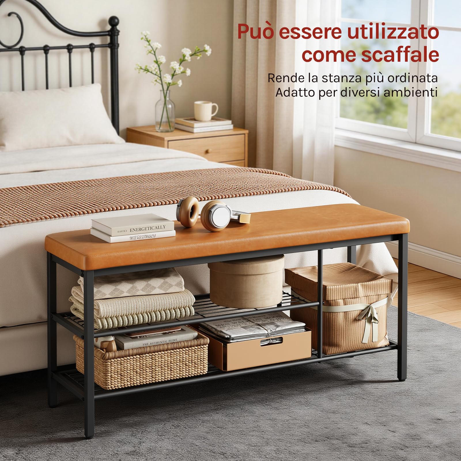 WOLTU Panca Scarpiera da Ingresso con 2 Ripiani, Portascarpe Salvaspazio, Struttura Metallica, Cuscino con Rivestimento in Pelle Sintetica, per Corridoio, Soggiorno, 100x30x50 cm, Marrone