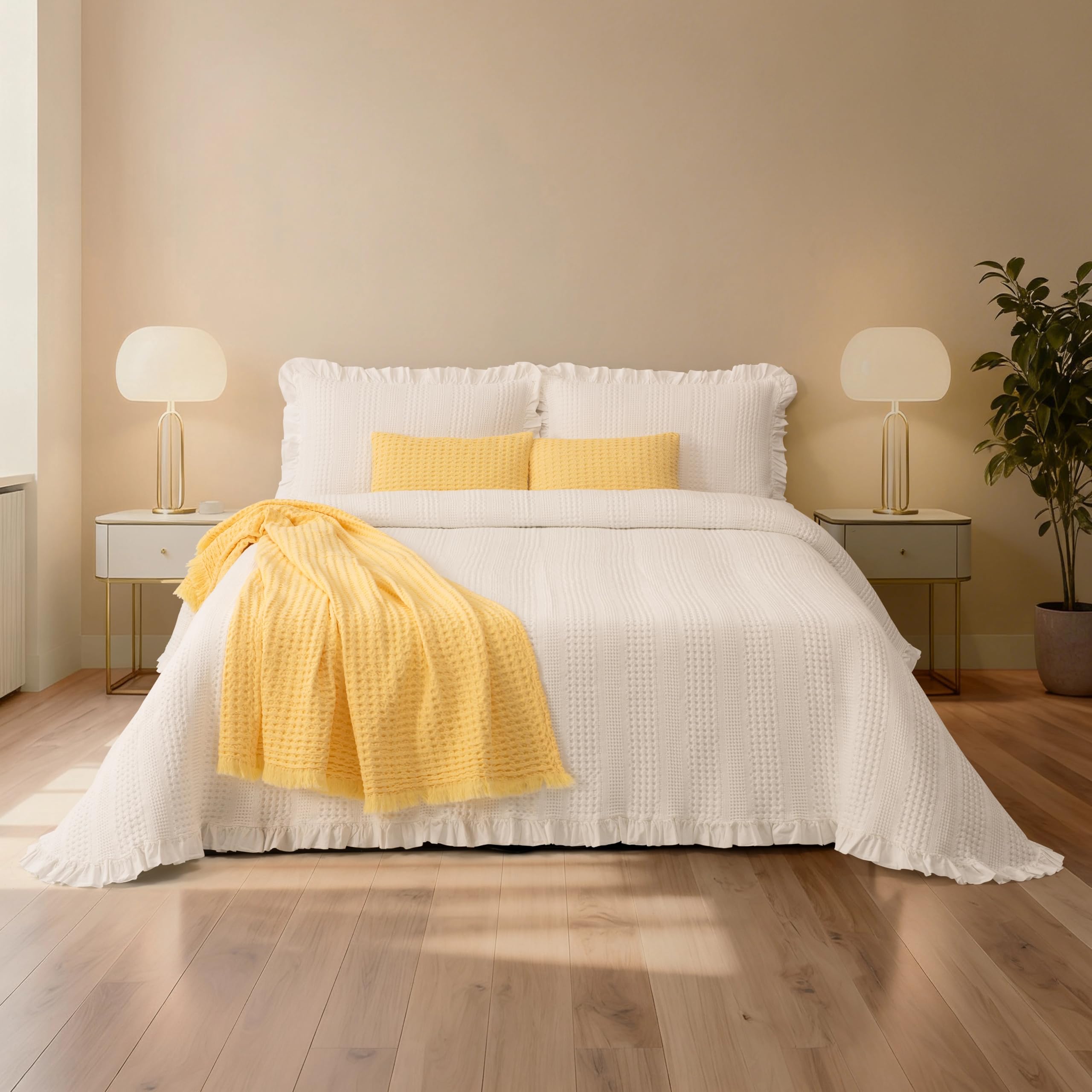 Colcha de Algodón Stonewashed Blanco con Volante – Celeste - 100% Algodón - Cama 150 cm (Colcha 240 x 260 cm) - Geométrico- Fabricado Portugal