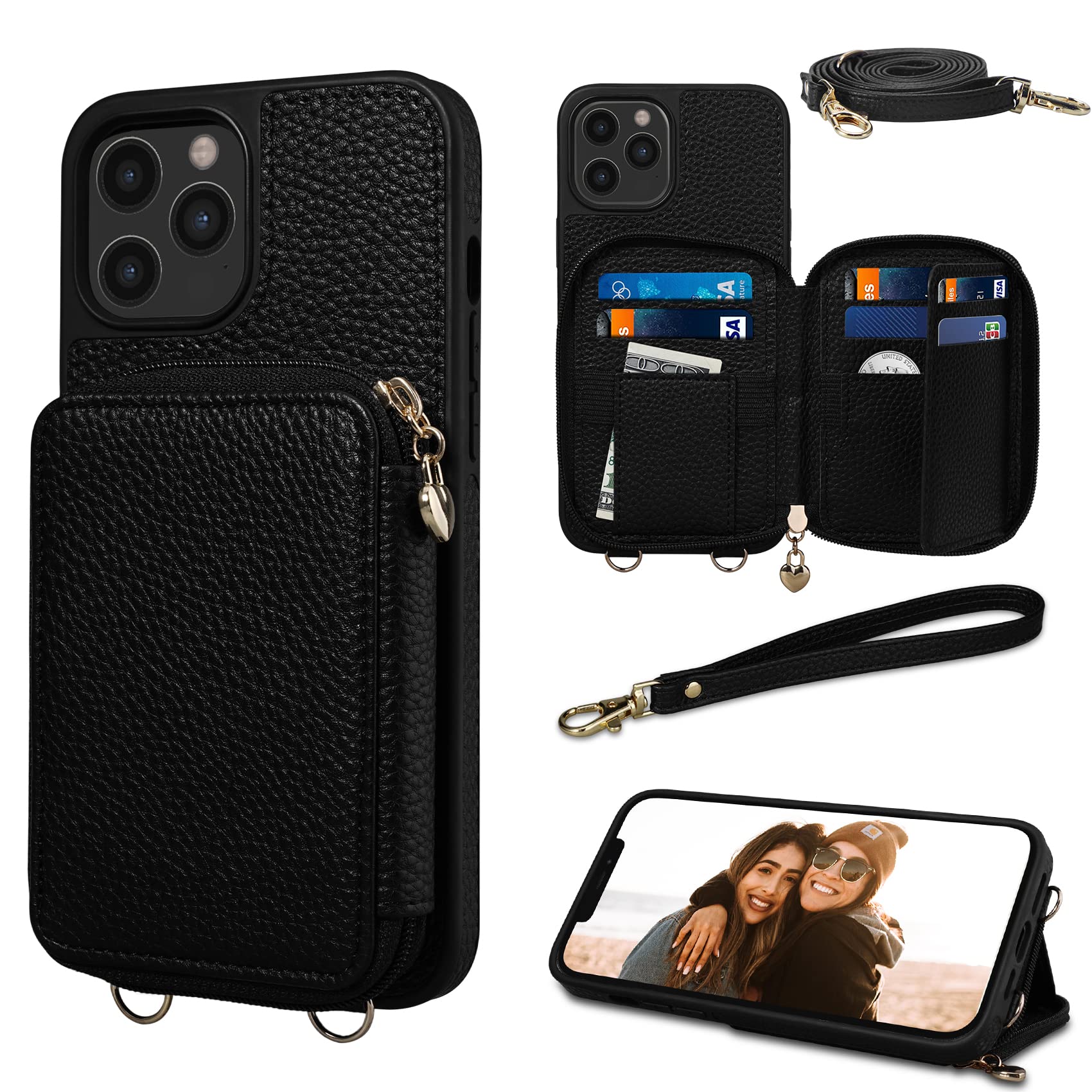 Keallce Case for iPhone 12 Pro Max 6.7'' Case Wallet, Crossbody Zipper Purse with RFID Blocking 10 Card Slot Kickstand, Detachable Lanyard & Wristle