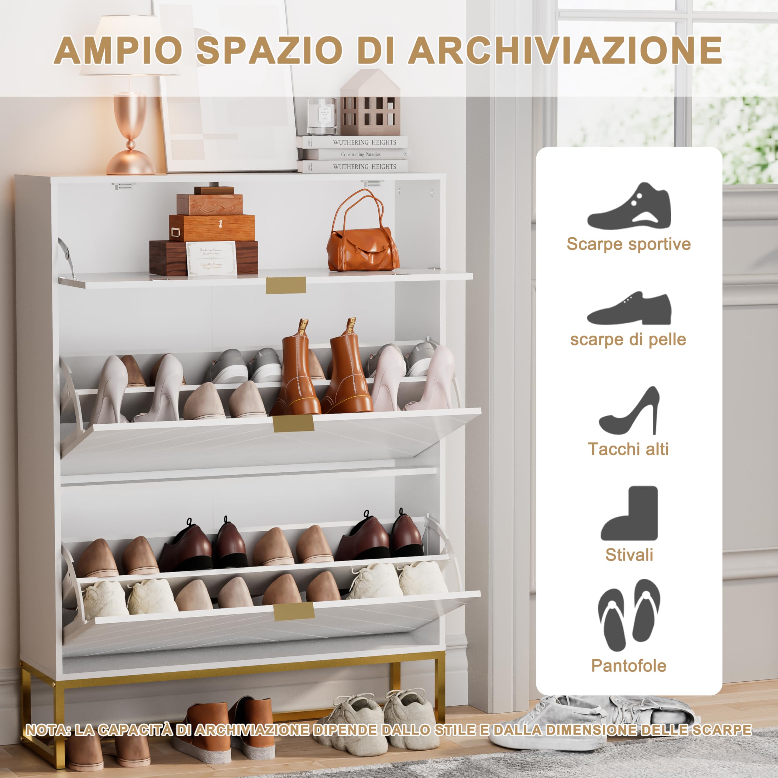 UEV Scarpiera con 2 ante e 1 cassetto, scarpiera sottile, con motivo a V, per soggiorno, corridoio, 80 x 24 x 122 cm, bianco