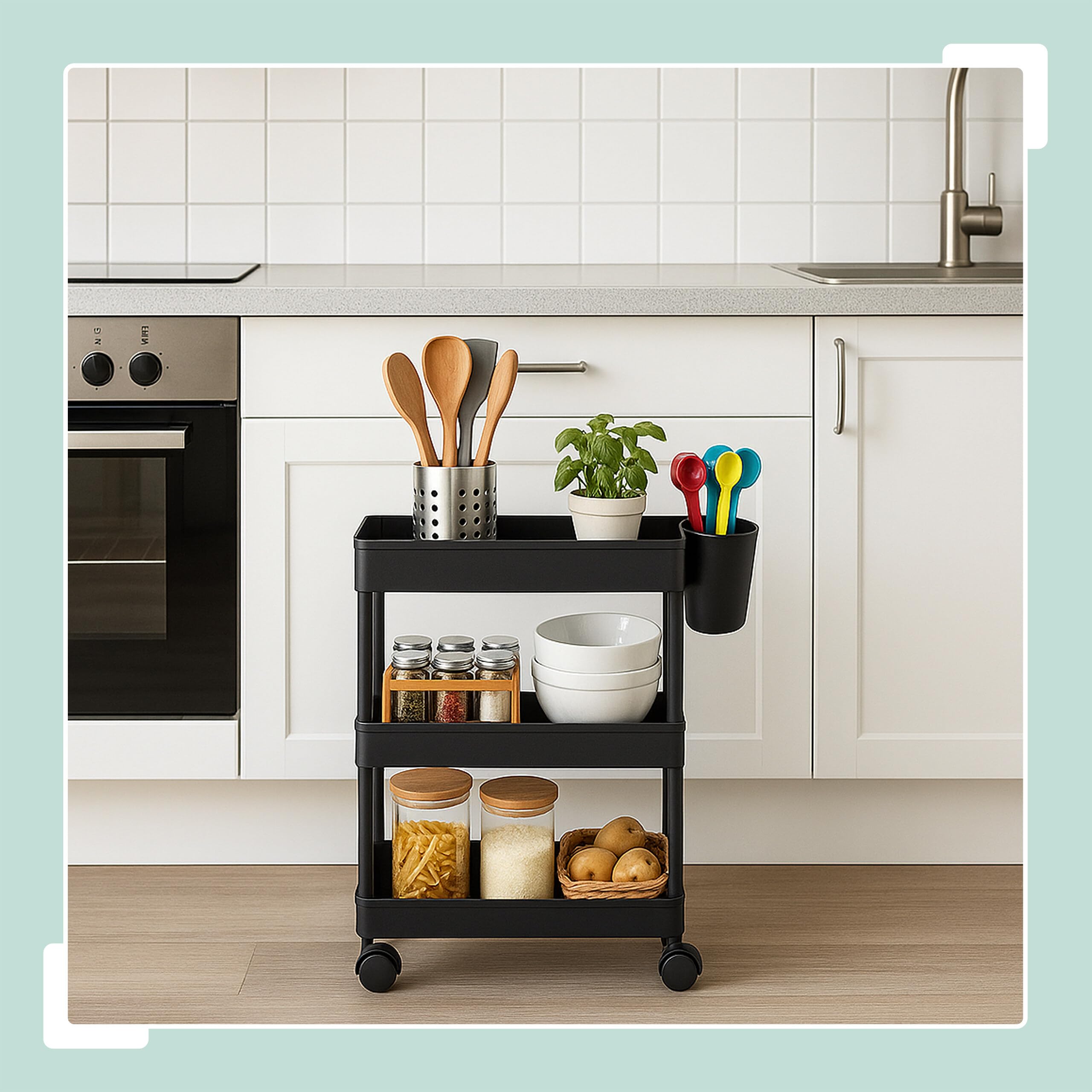 Carrello Relaxdays, 3 Ripiani, Carrello di Servizio, Carrello da Cucina, HLP: 62,5x40x22 cm, Nero