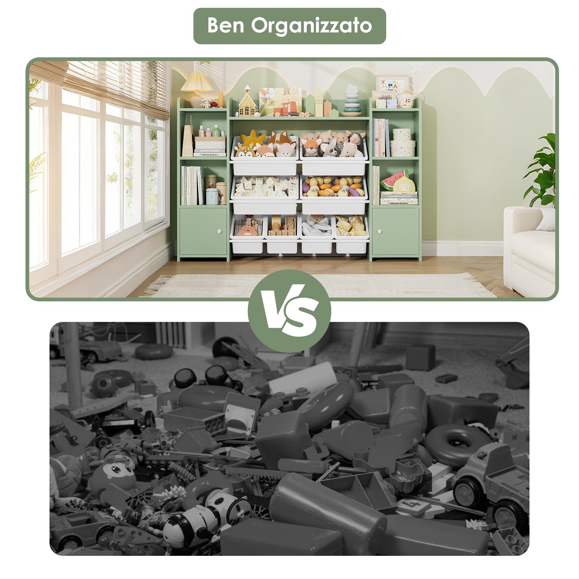 FOREHILL Scaffale per Giocattoli con 8 Contenitori Rimovibili in Plastica,Organizzatore Libreria per Bambini con Mensola Aperti, per Camera dei Giochi, 138.8 x94.3x29.6cm (Verde)